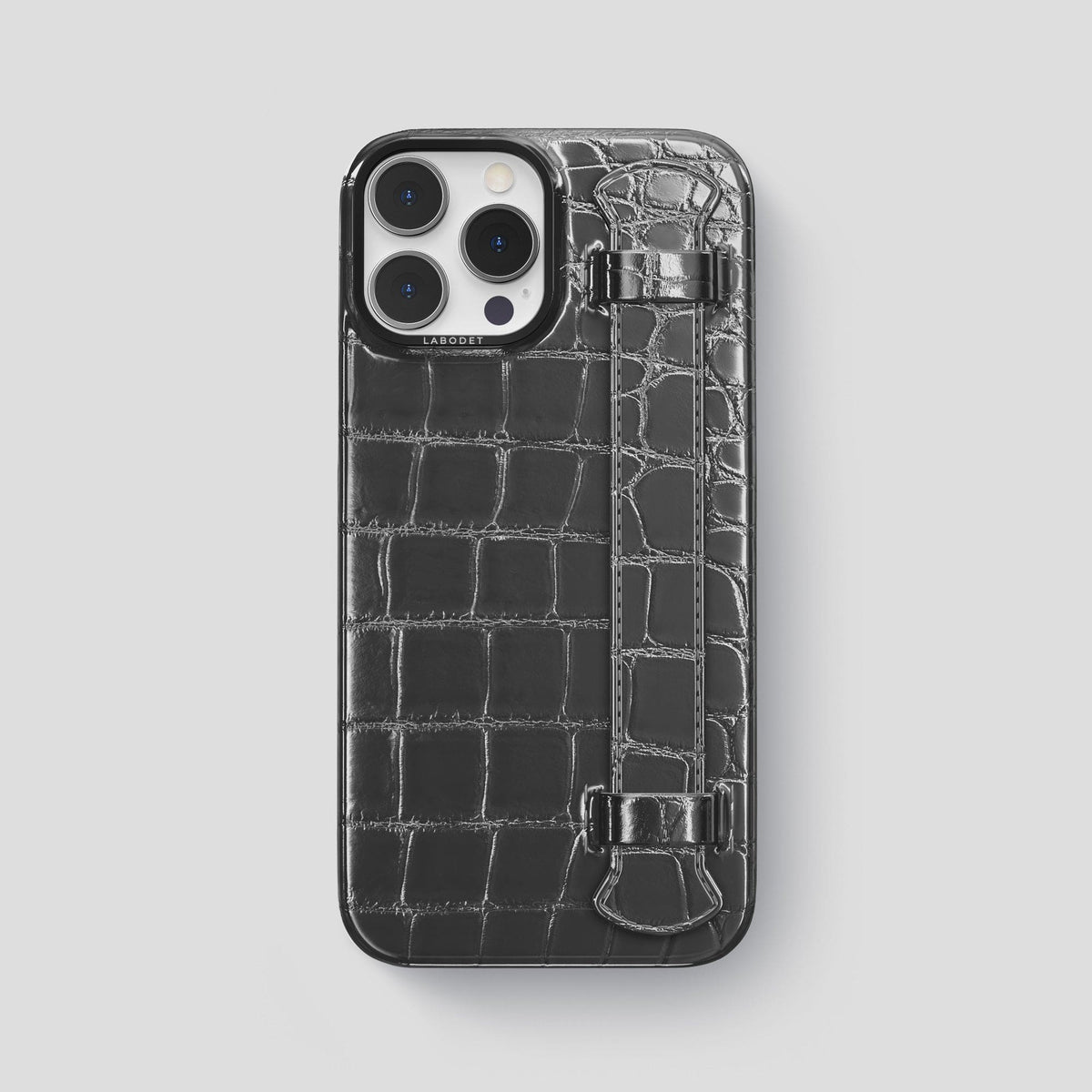Grey iPhone 14 Pro Max Strap Case Patina Alligator with Black Metal -1 | Grey-Black