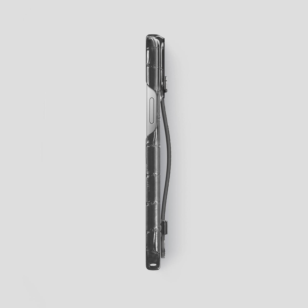 Grey iPhone 14 Pro Max Strap Case Patina Alligator with Black Metal -3 | Grey-Black