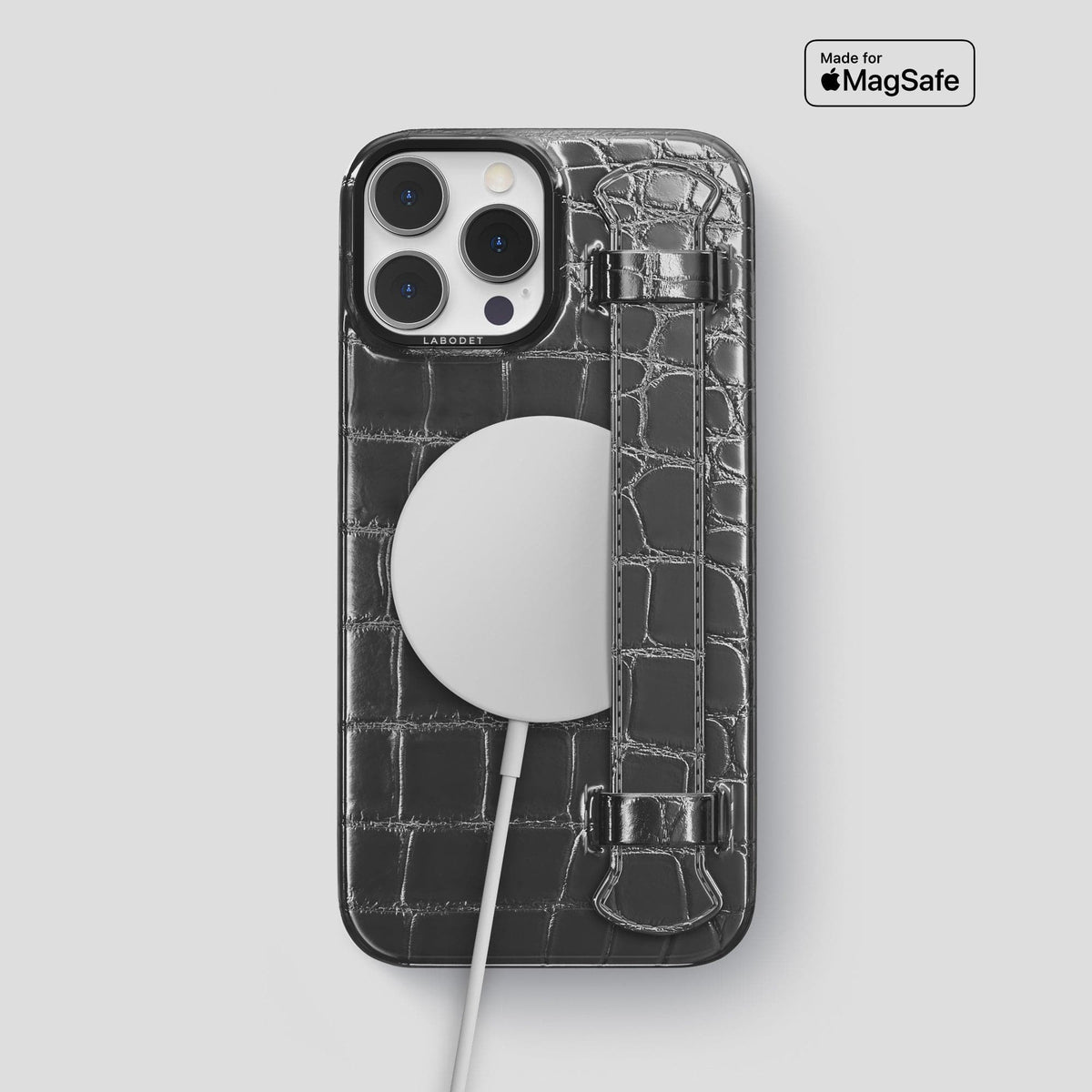 Grey iPhone 14 Pro Max Strap Case Patina Alligator with Black Metal -5 | Grey-Black