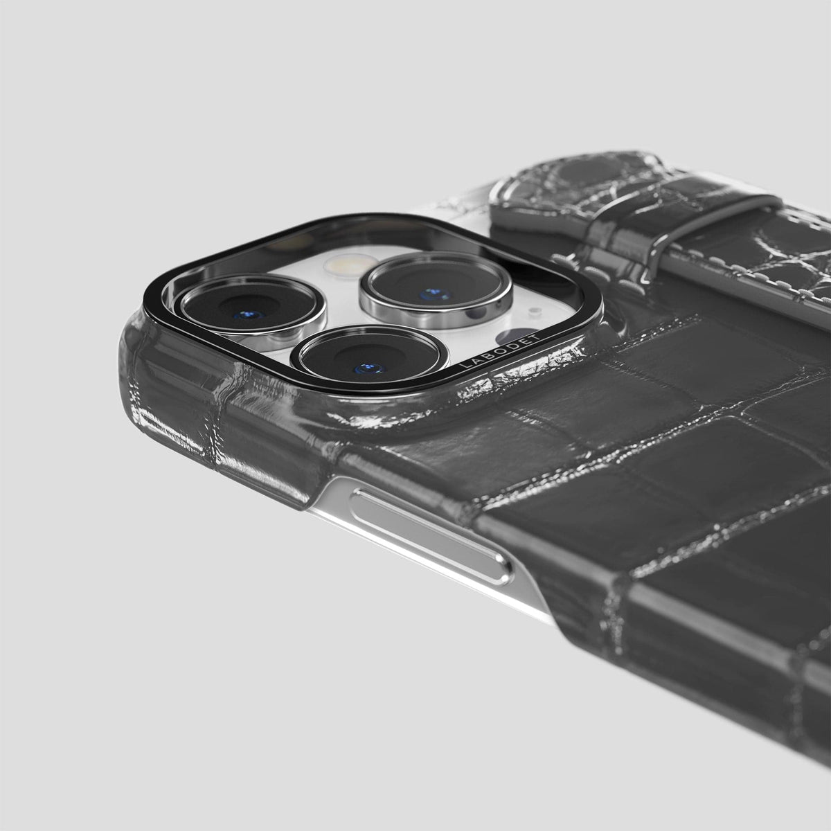 Grey iPhone 14 Pro Max Strap Case Patina Alligator with Black Metal -6 | Grey-Black