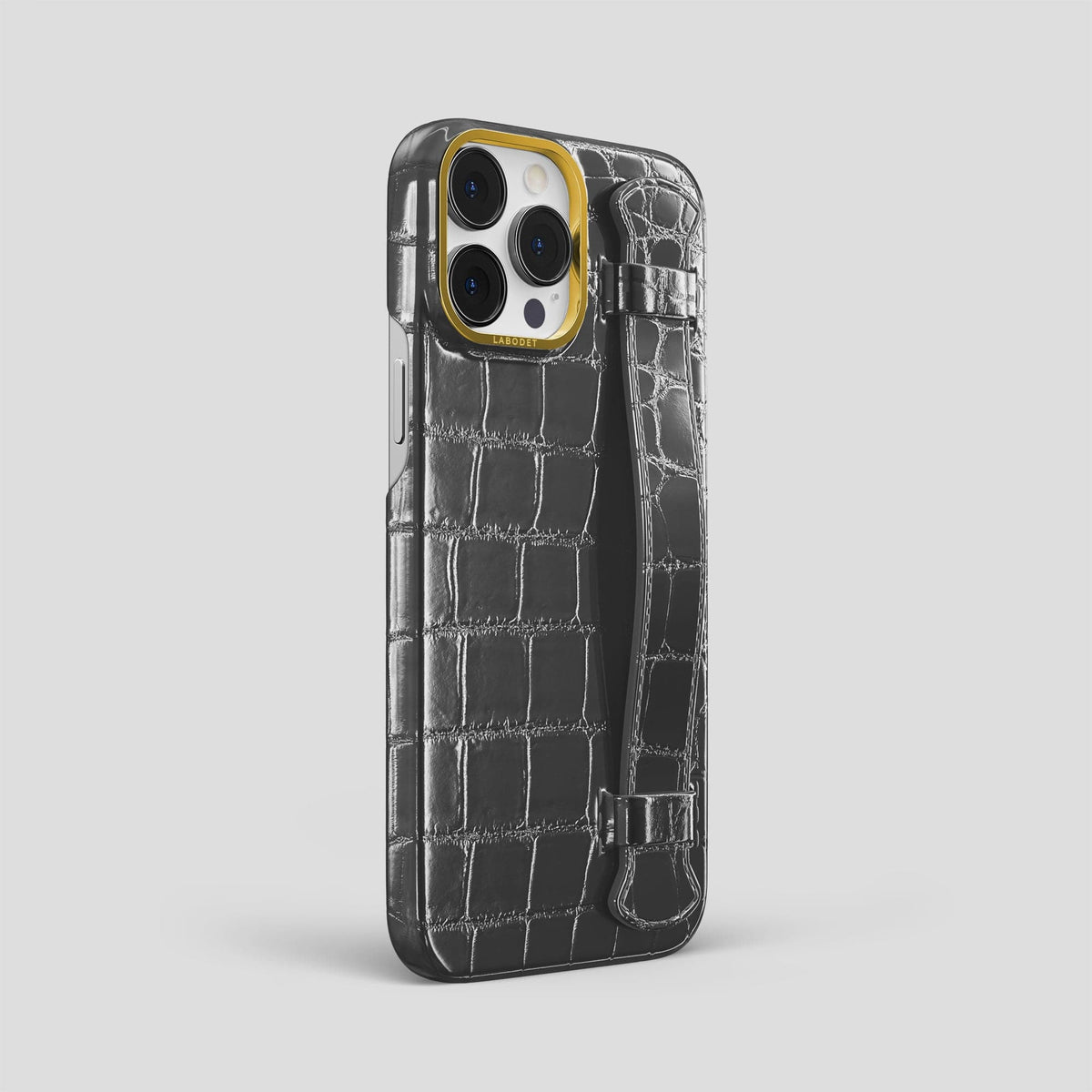 Grey iPhone 14 Pro Max Strap Case Patina Alligator with Gold Metal -2 | Grey-Gold