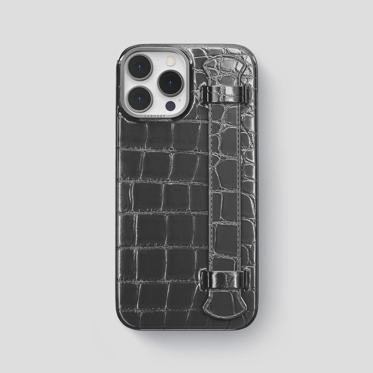 Grey iPhone 14 Pro Max Strap Case Patina Alligator with Steel Metal -1 | Grey-Steel