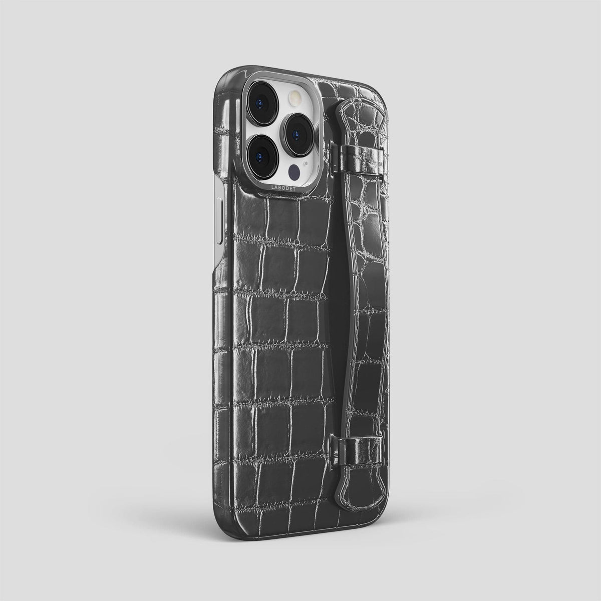 Grey iPhone 14 Pro Max Strap Case Patina Alligator with Steel Metal -2 | Grey-Steel