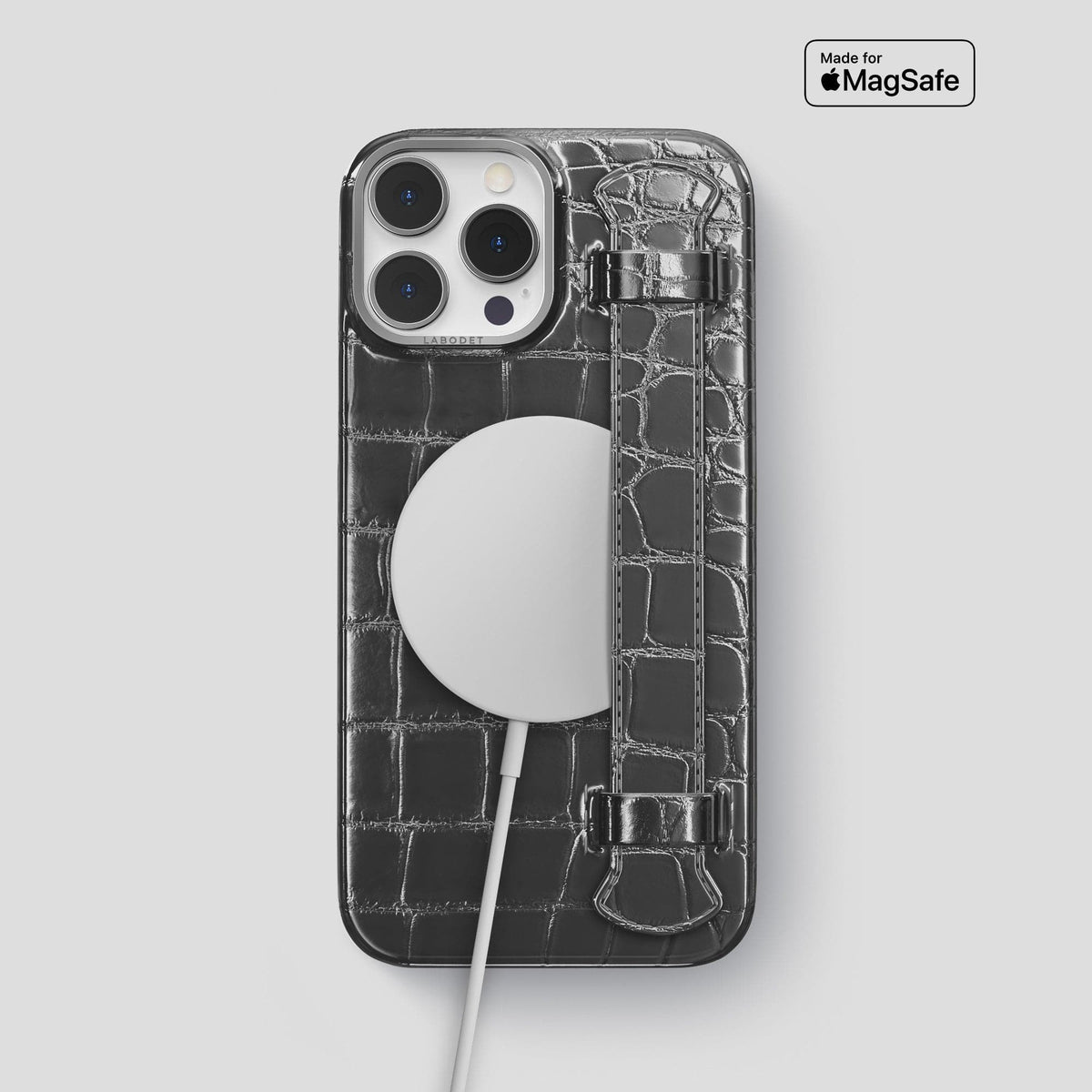 Grey iPhone 14 Pro Max Strap Case Patina Alligator with Steel Metal -5 | Grey-Steel
