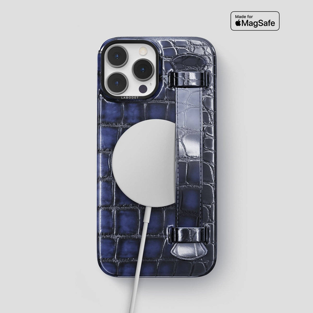 Havana-Blue iPhone 14 Pro Max Strap Case Patina Alligator with Black Metal -5 | Havana-Blue-Black