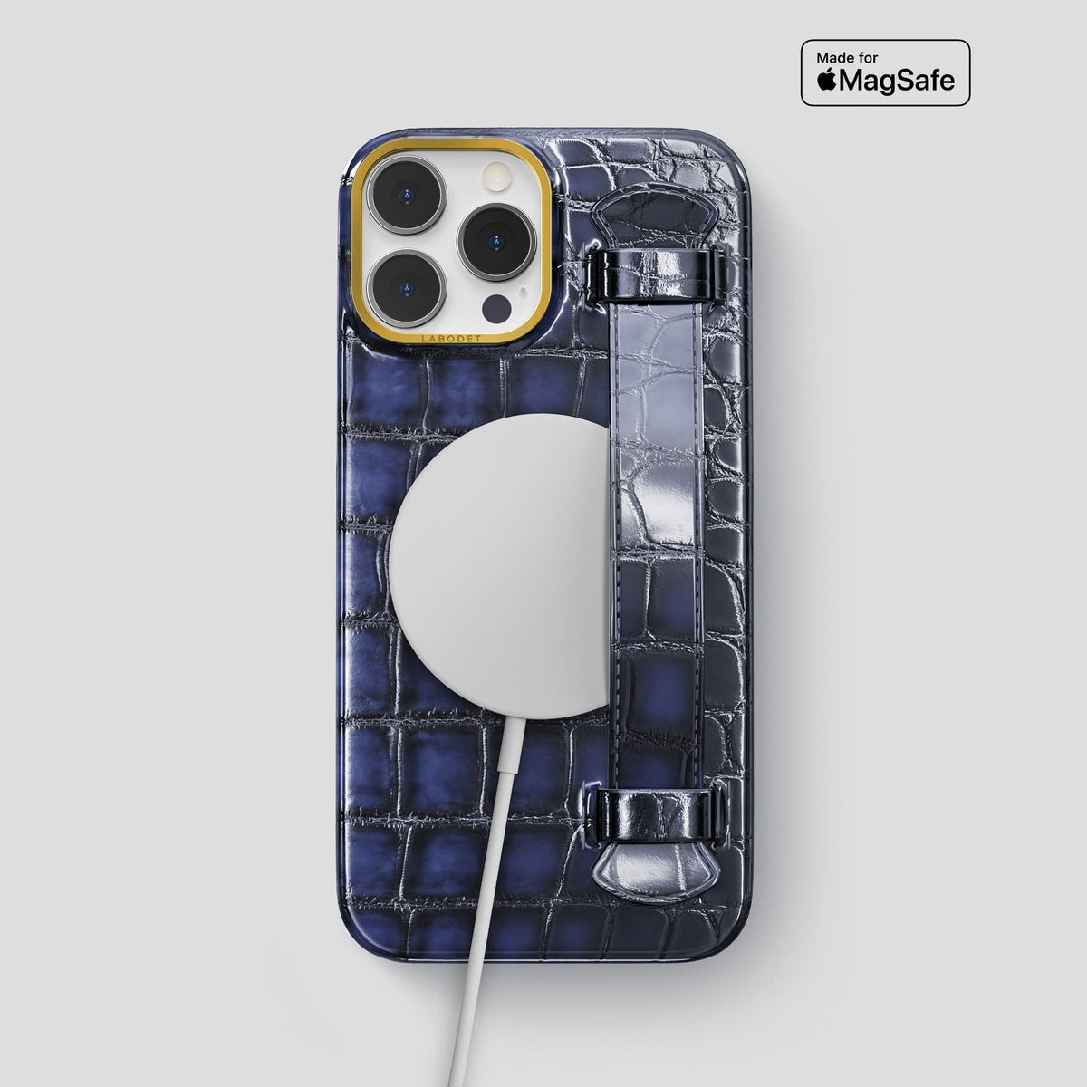 Havana-Blue iPhone 14 Pro Max Strap Case Patina Alligator with Gold Metal -5 | Havana-Blue-Gold