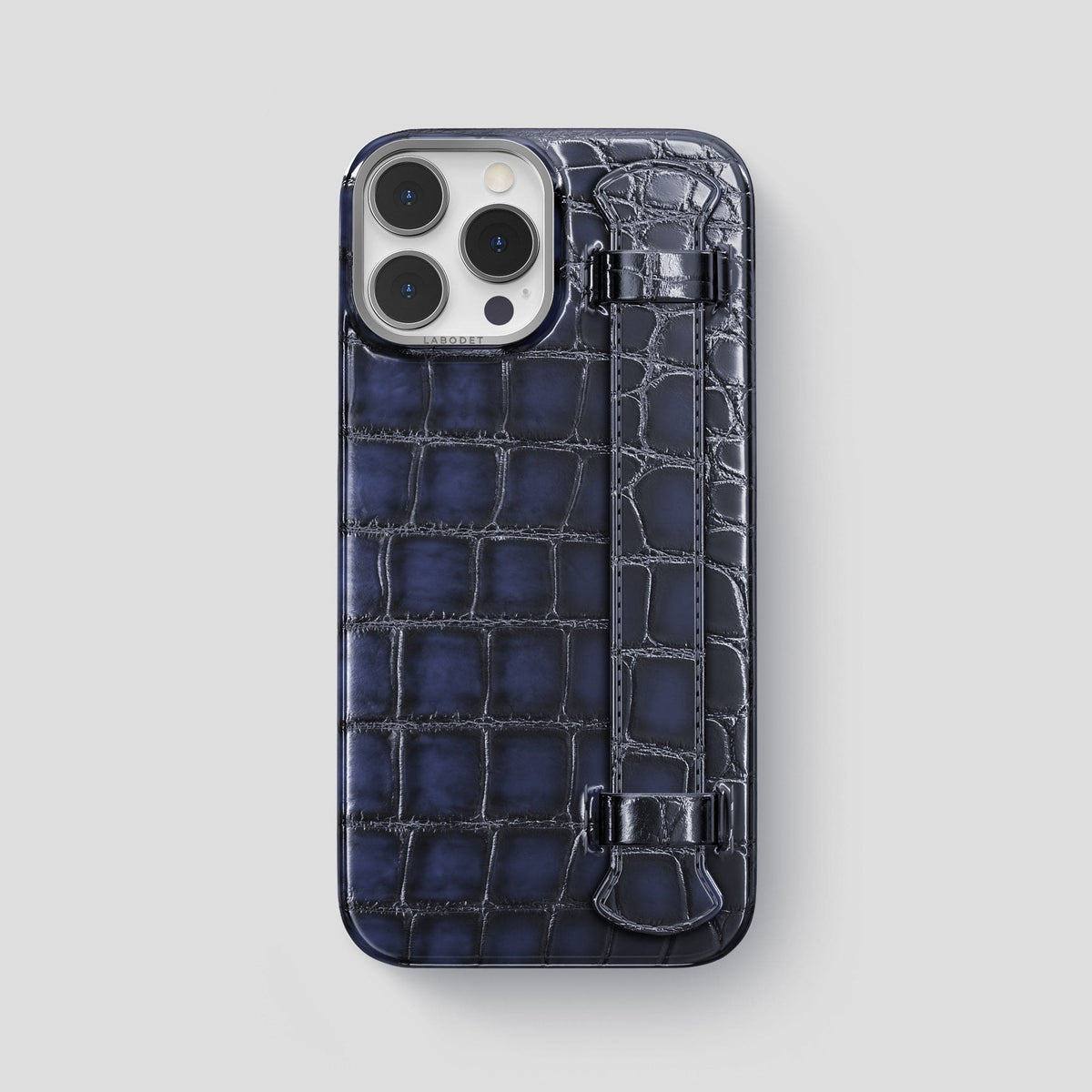 Havana-Blue iPhone 14 Pro Max Strap Case Patina Alligator with Steel Metal -1 | Havana-Blue-Steel