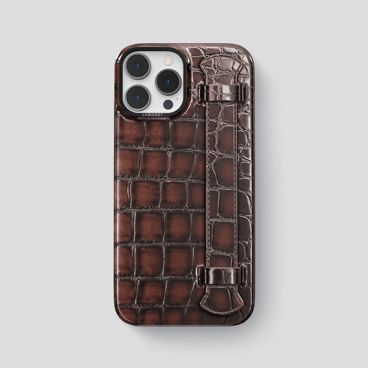 Havana-Brown iPhone 14 Pro Max Strap Case Patina Alligator with Black Metal -1 | Havana-Brown-Black