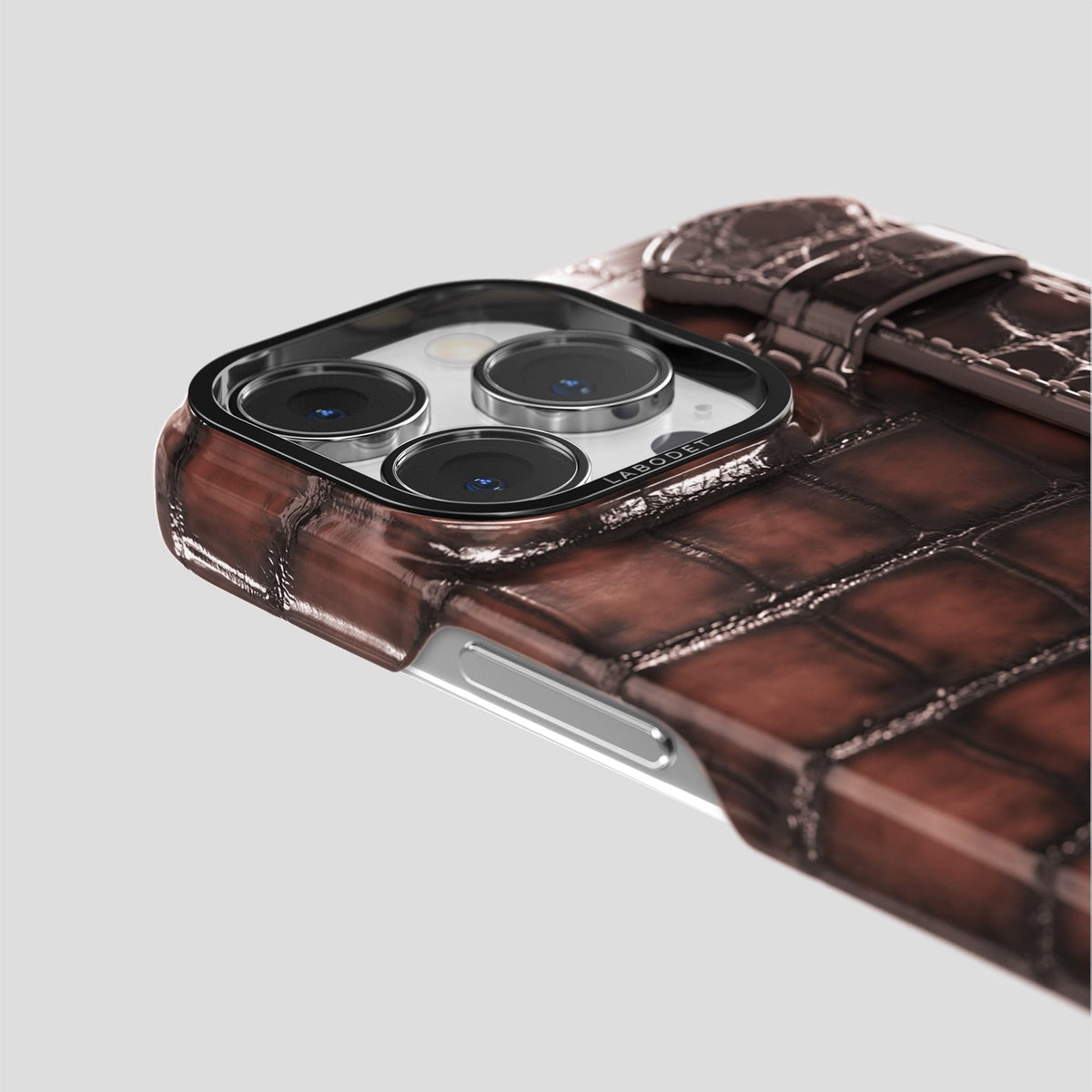 Havana-Brown iPhone 14 Pro Max Strap Case Patina Alligator with Black Metal -6 | Havana-Brown-Black