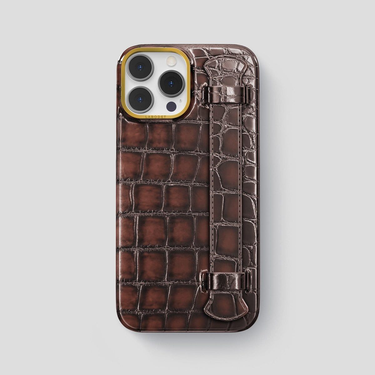 Havana-Brown iPhone 14 Pro Max Strap Case Patina Alligator with Gold Metal -1 | Havana-Brown-Gold