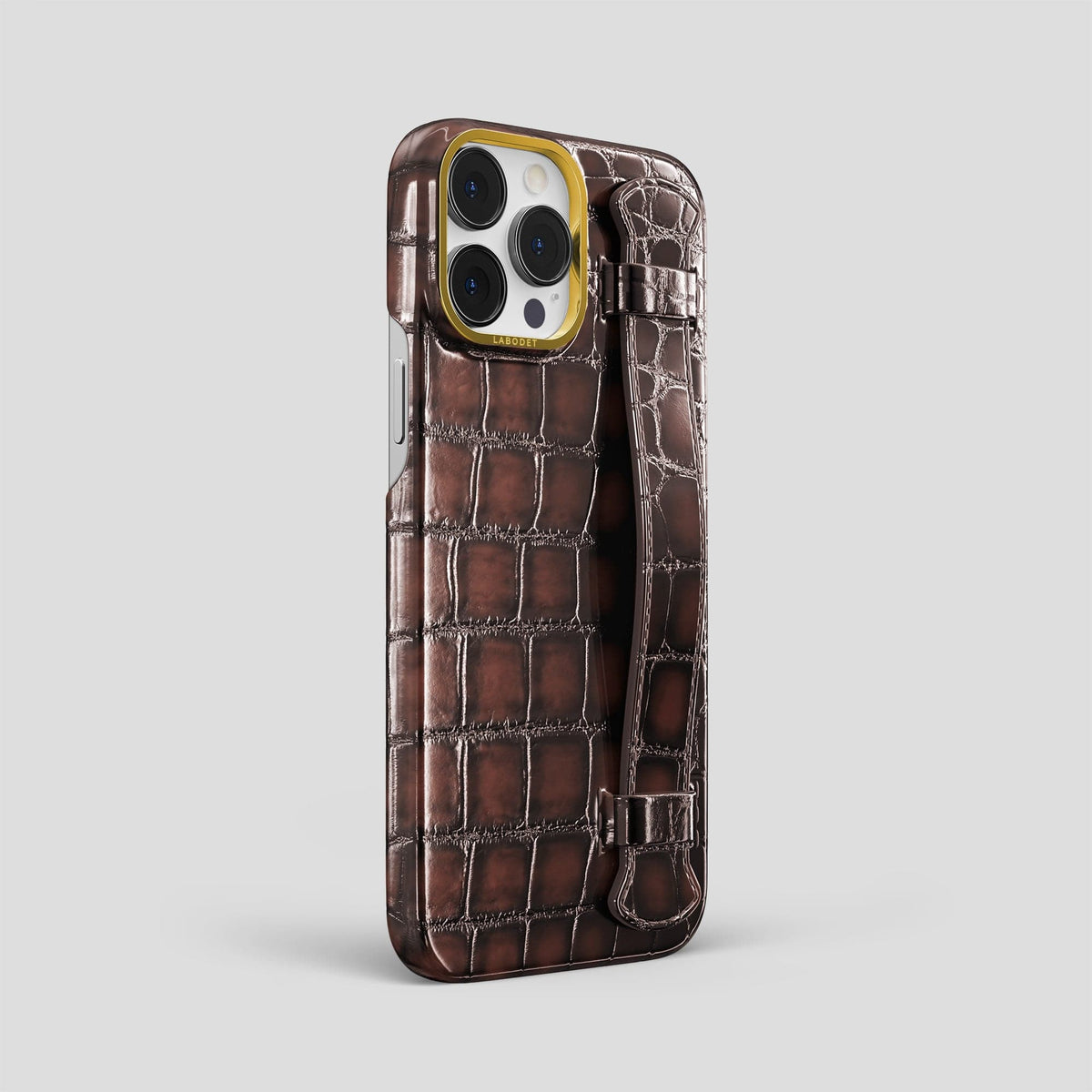 Havana-Brown iPhone 14 Pro Max Strap Case Patina Alligator with Gold Metal -2 | Havana-Brown-Gold
