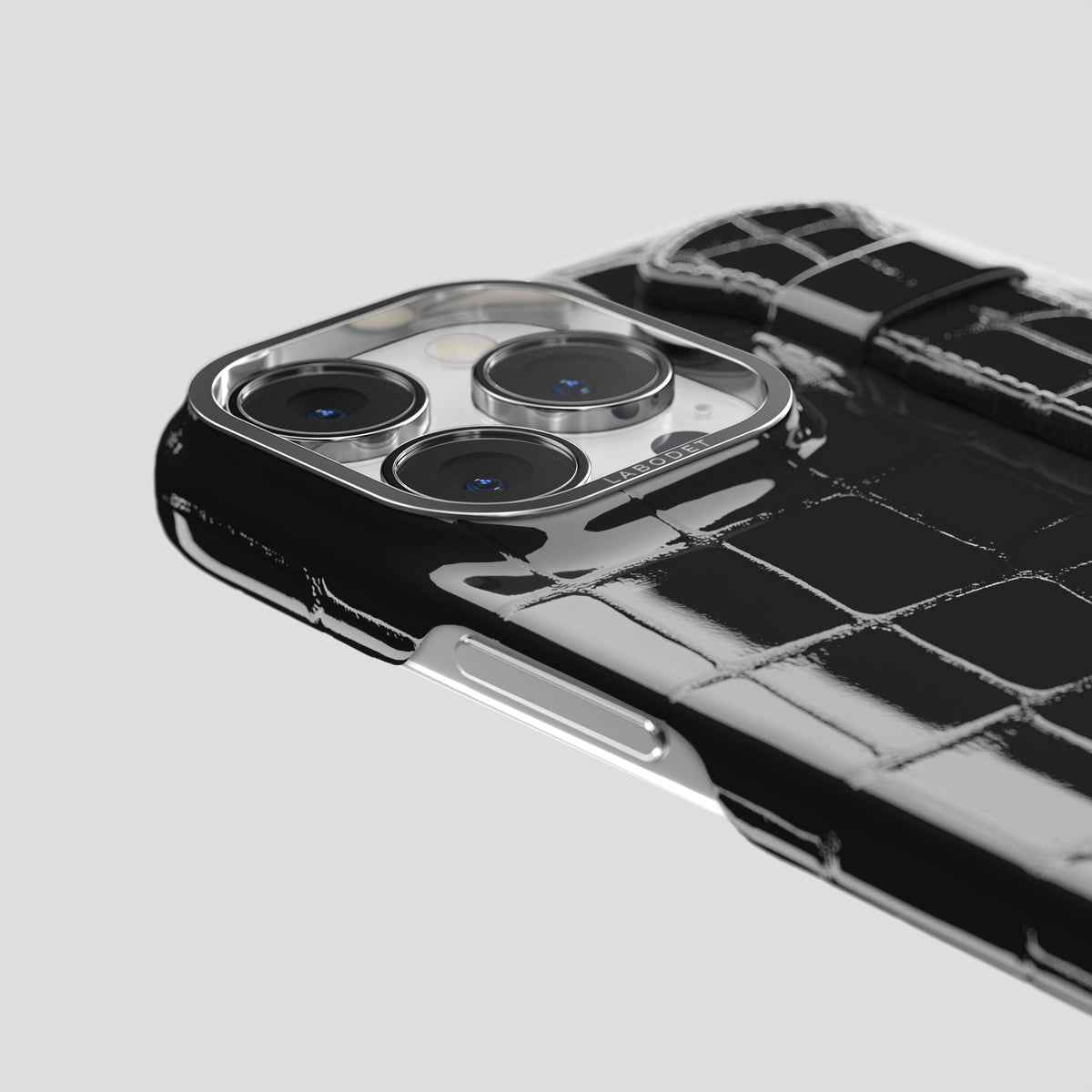 Black iPhone 14 Pro Max Strap Case Shiny Alligator with Steel Metal -6 | Black-Steel