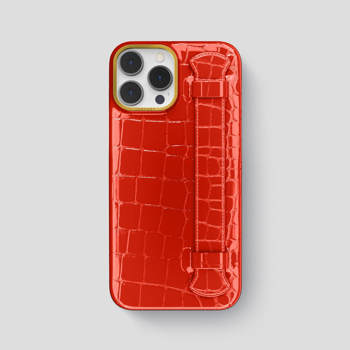 Coral Orange iPhone 14 Pro Max Strap Case Shiny Alligator with Gold Metal -1 | Coral-Orange-Gold
