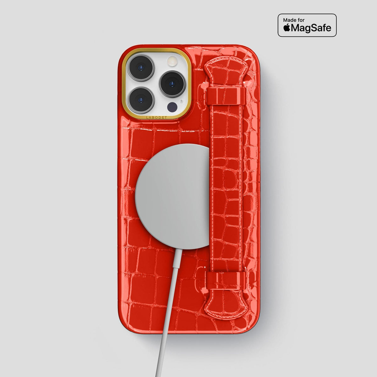 Coral Orange iPhone 14 Pro Max Strap Case Shiny Alligator with Gold Metal -5 | Coral-Orange-Gold