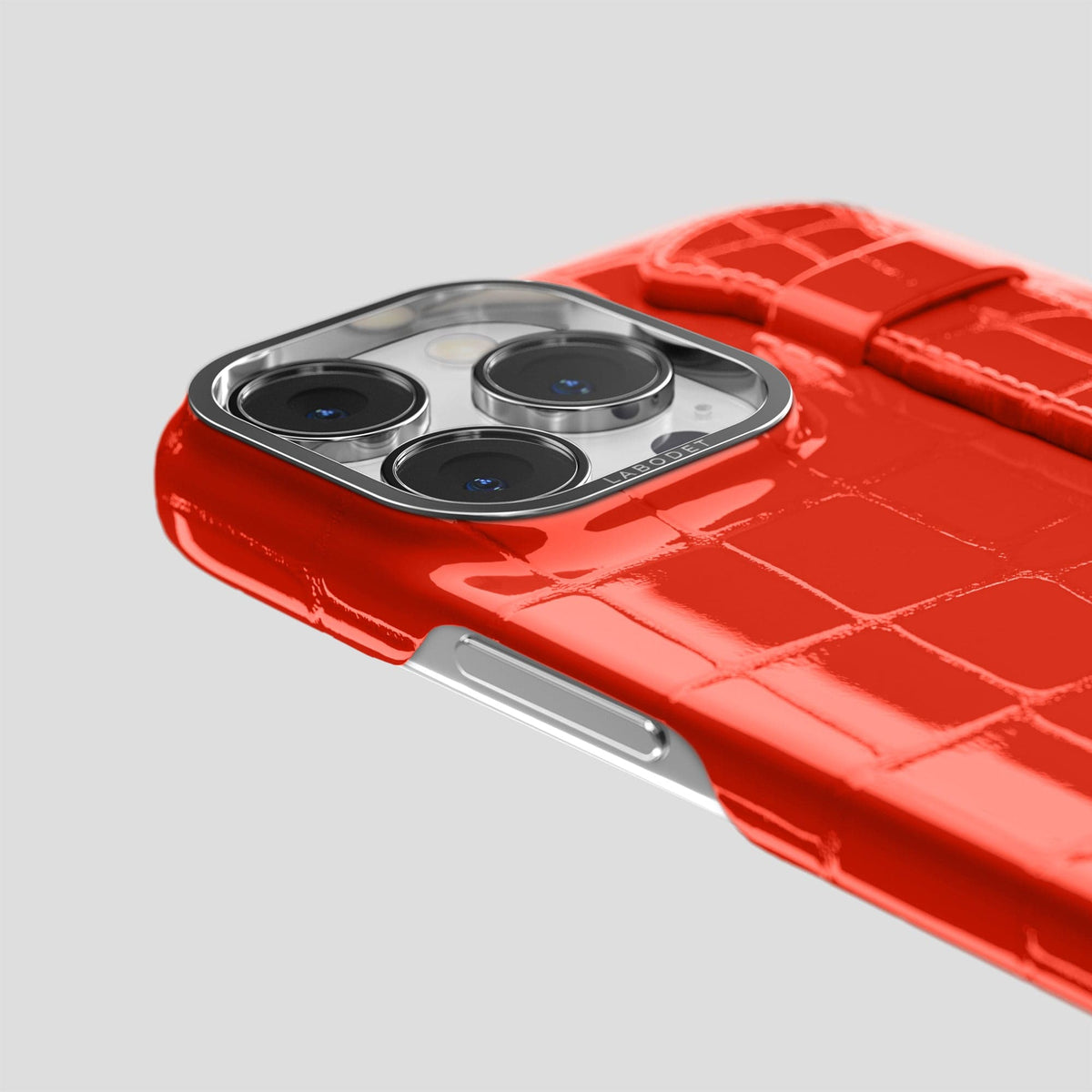 Coral Orange iPhone 14 Pro Max Strap Case Shiny Alligator with Steel Metal -6 | Coral-Orange-Steel