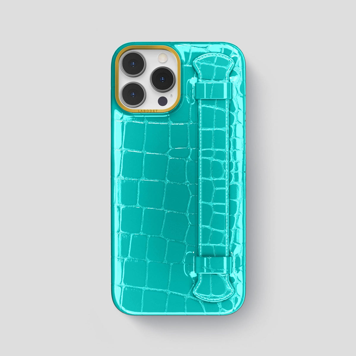 Mint iPhone 14 Pro Max Strap Case Shiny Alligator with Gold Metal -1 | Mint-Gold