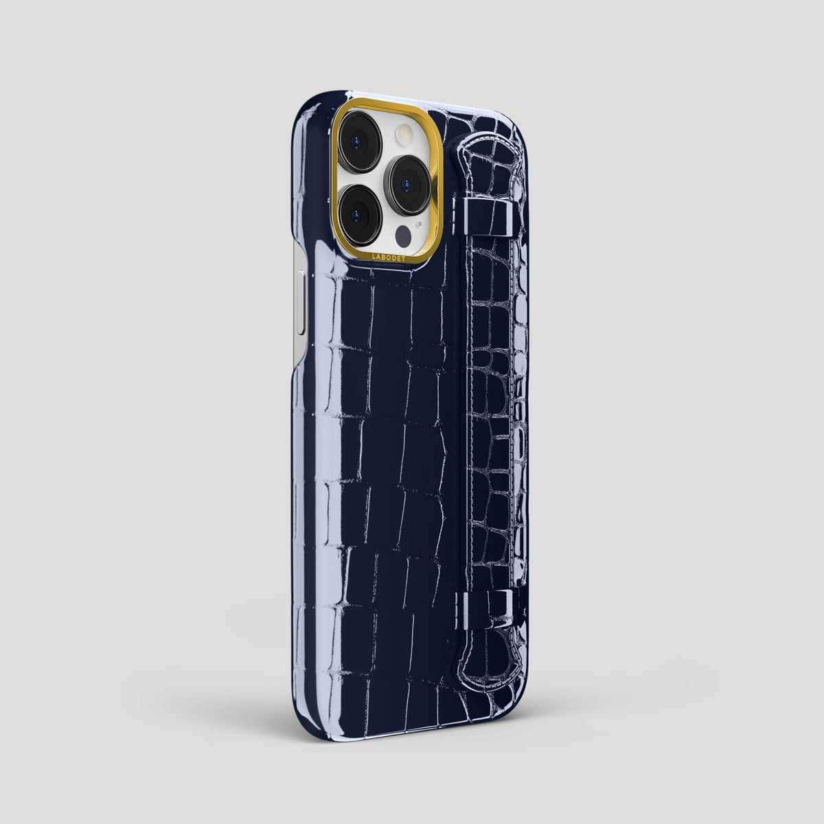 Navy-Blue iPhone 14 Pro Max Strap Case Shiny Alligator with Gold Metal -2 | Navy-Blue-Gold