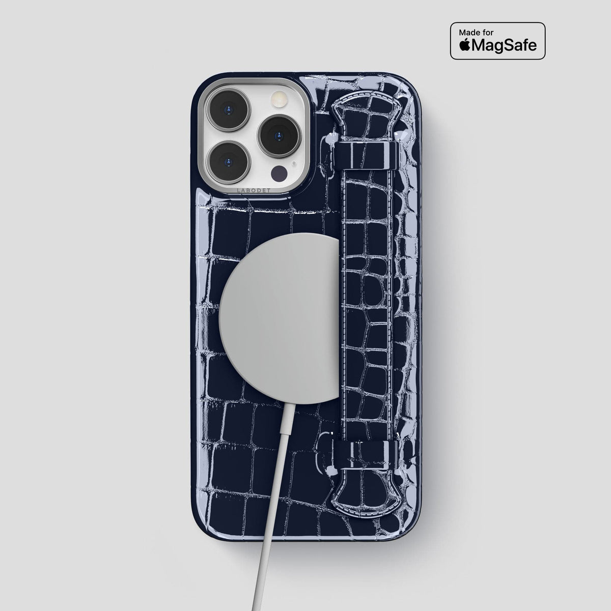 Navy-Blue iPhone 14 Pro Max Strap Case Shiny Alligator with Steel Metal -5 | Navy-Blue-Steel