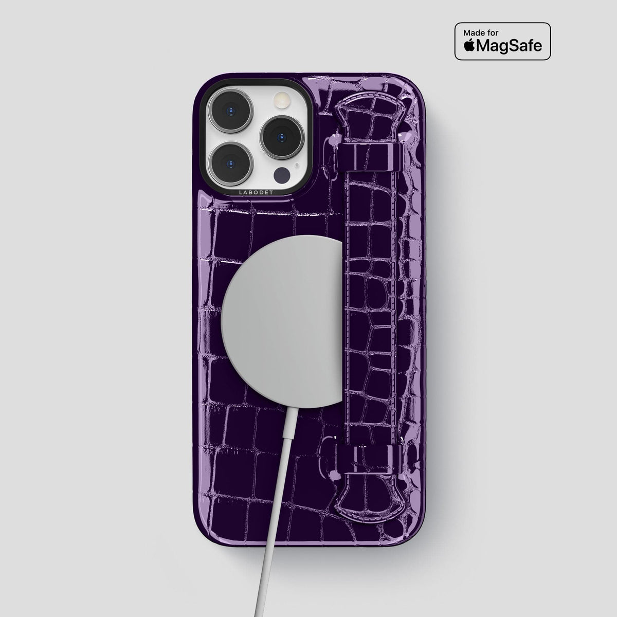 Purple iPhone 14 Pro Max Strap Case Shiny Alligator with Black Metal -5 | Purple-Black