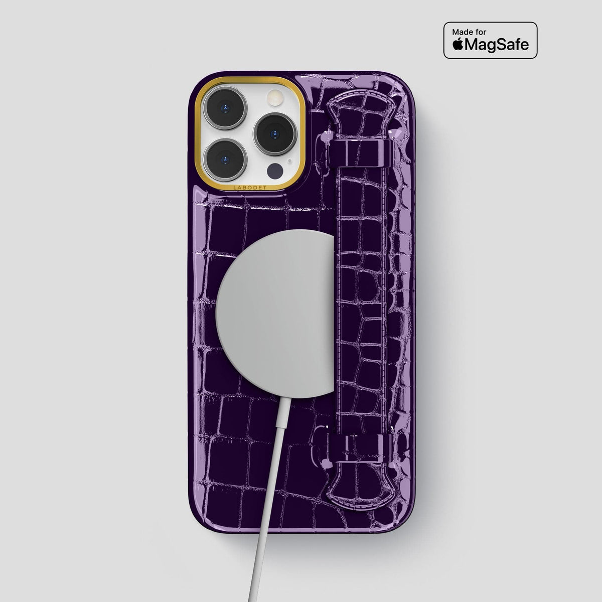 Purple iPhone 14 Pro Max Strap Case Shiny Alligator with Gold Metal -5 | Purple-Gold