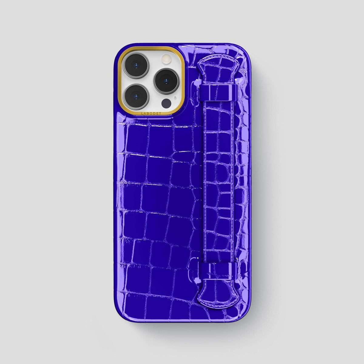 Royal Blue iPhone 14 Pro Max Strap Case Shiny Alligator with Gold Metal -1 | Royal-Blue-Gold