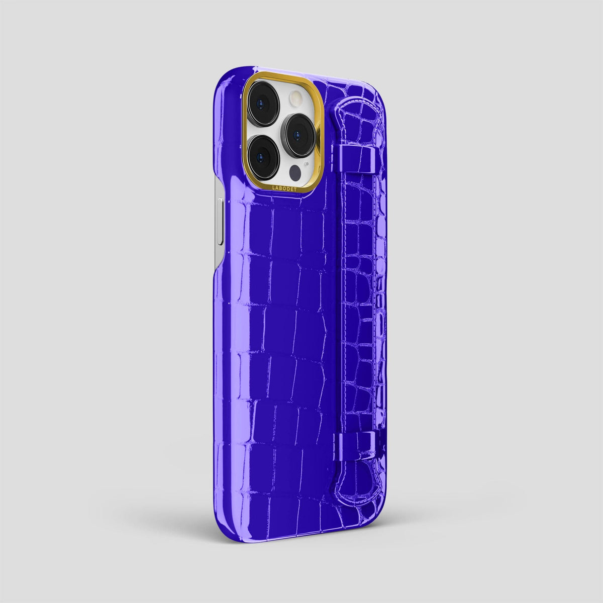 Royal Blue iPhone 14 Pro Max Strap Case Shiny Alligator with Gold Metal -2 | Royal-Blue-Gold