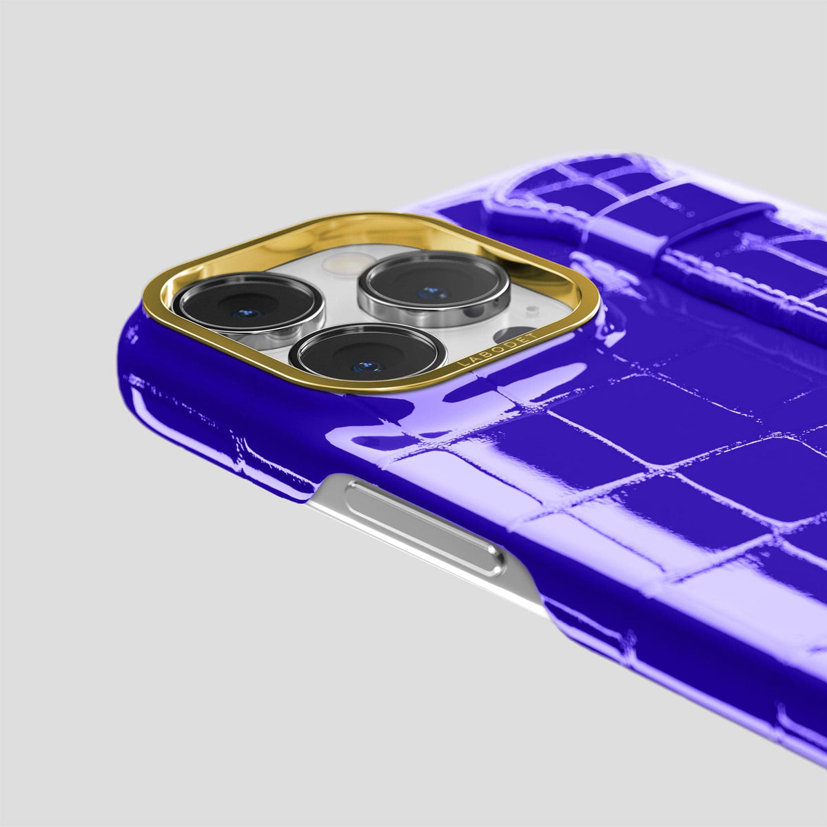 Royal Blue iPhone 14 Pro Max Strap Case Shiny Alligator with Gold Metal -6 | Royal-Blue-Gold