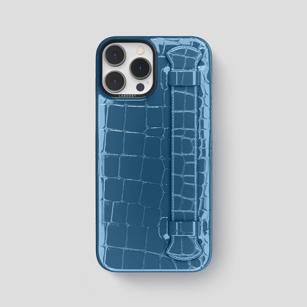 Turquoise-Blue iPhone 14 Pro Max Strap Case Shiny Alligator with Black Metal -1 | Turqoise-Blue-Black