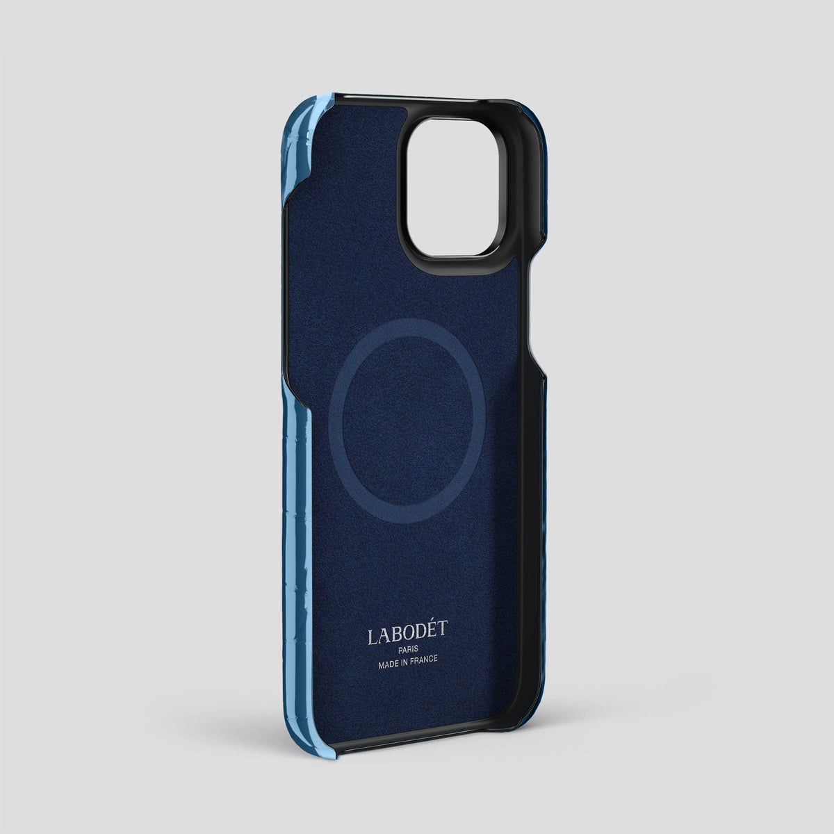 Turquoise-Blue iPhone 14 Pro Max Strap Case Shiny Alligator with Black Metal -4 | Turqoise-Blue-Black