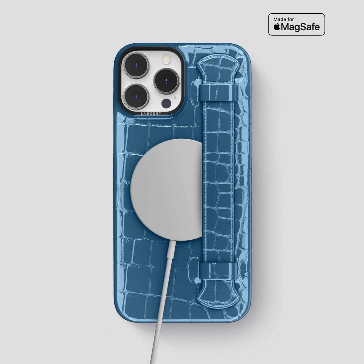 Turquoise-Blue iPhone 14 Pro Max Strap Case Shiny Alligator with Black Metal -5 | Turqoise-Blue-Black