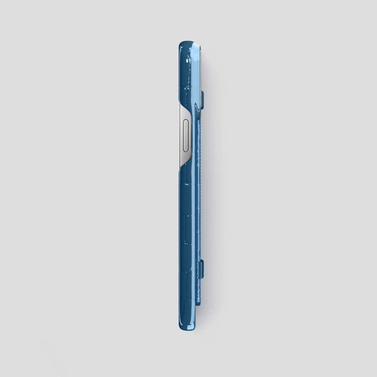 Turquoise-Blue iPhone 14 Pro Max Strap Case Shiny Alligator with Steel Metal -3 | Turqoise-Blue-Steel