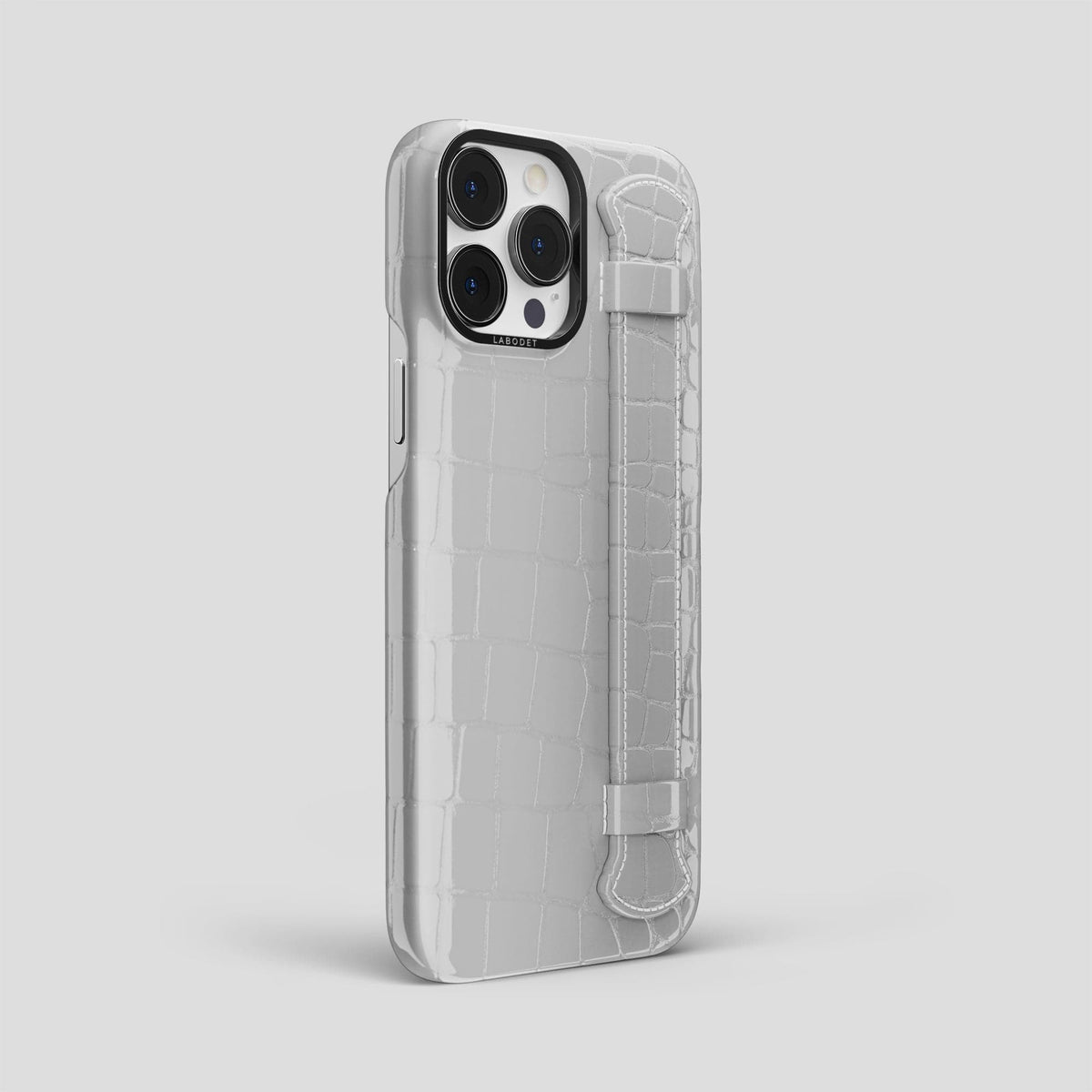 White iPhone 14 Pro Max Strap Case Shiny Alligator with Black Metal -2 | White-Black