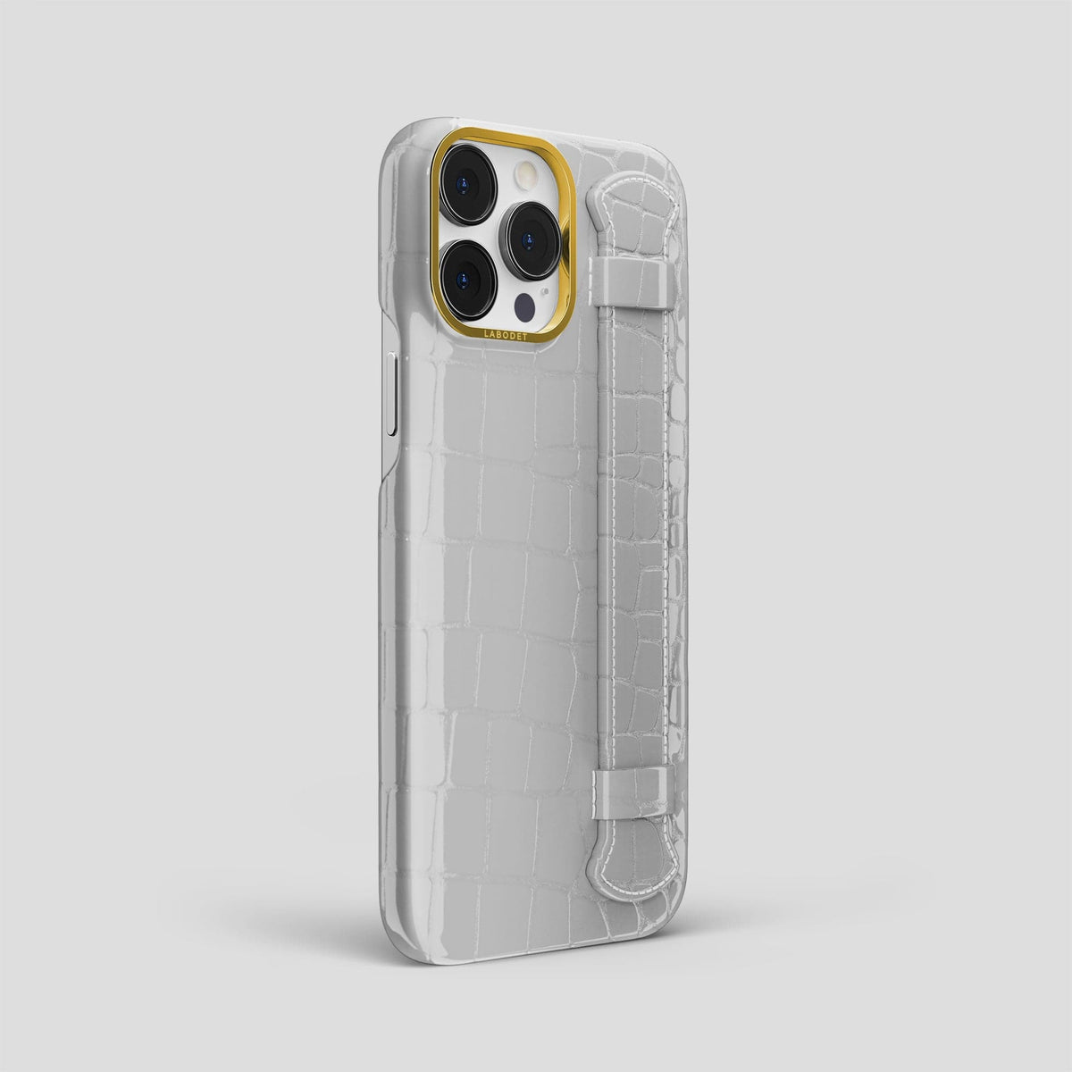 White iPhone 14 Pro Max Strap Case Shiny Alligator with Gold Metal -2 | White-Gold