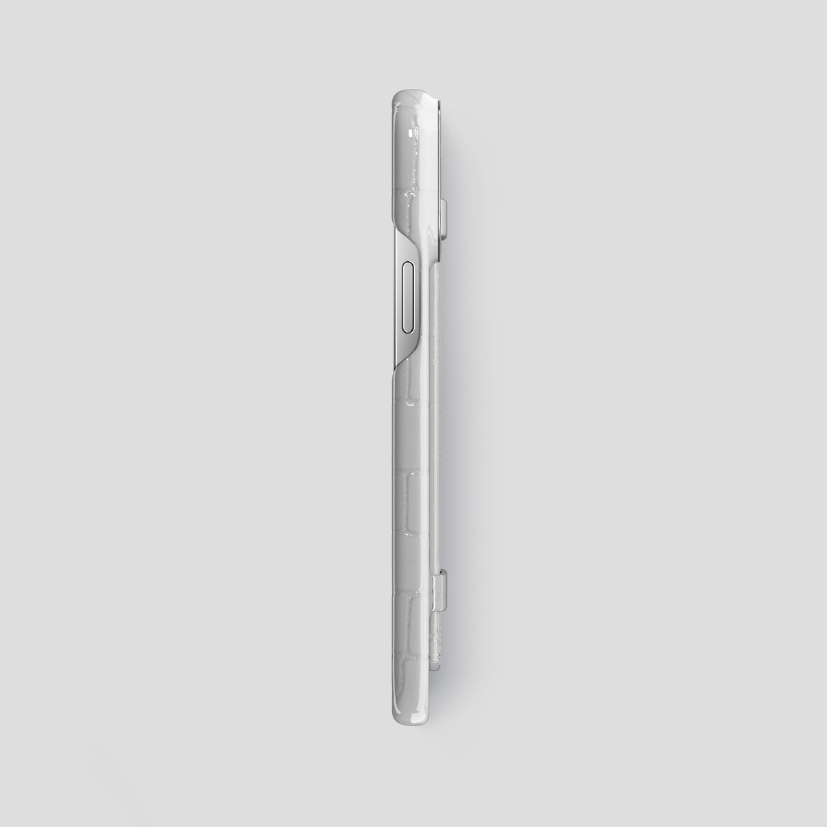 White iPhone 14 Pro Max Strap Case Shiny Alligator with Steel Metal -3 | White-Steel