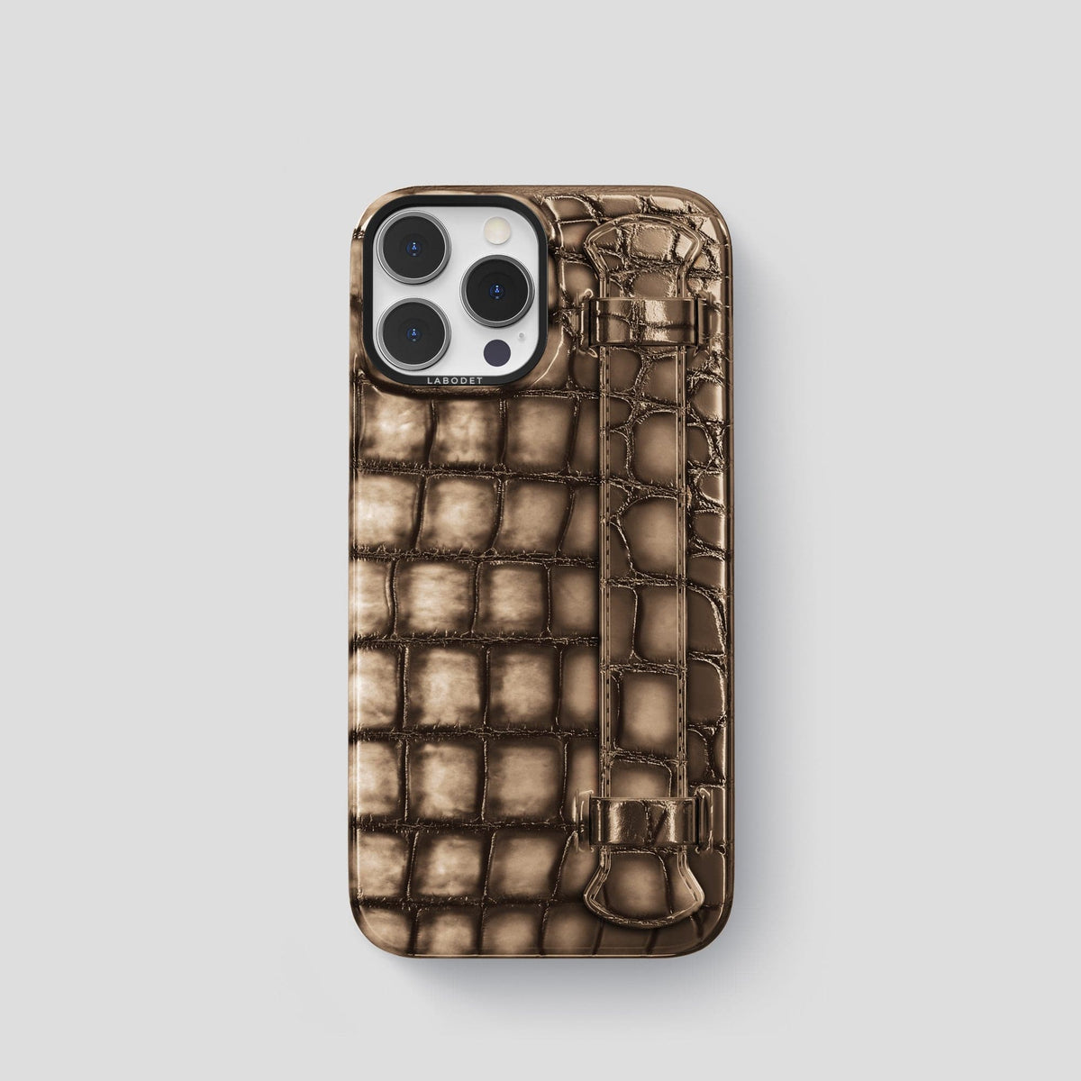 Etoupe iPhone 14 Pro Strap Case Patina Alligator with Black Metal -1 | Etoupe-Black