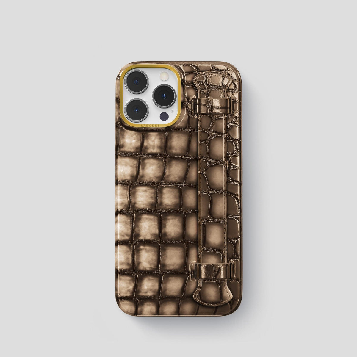 Etoupe iPhone 14 Pro Strap Case Patina Alligator with Gold Metal -1 | Etoupe-Gold