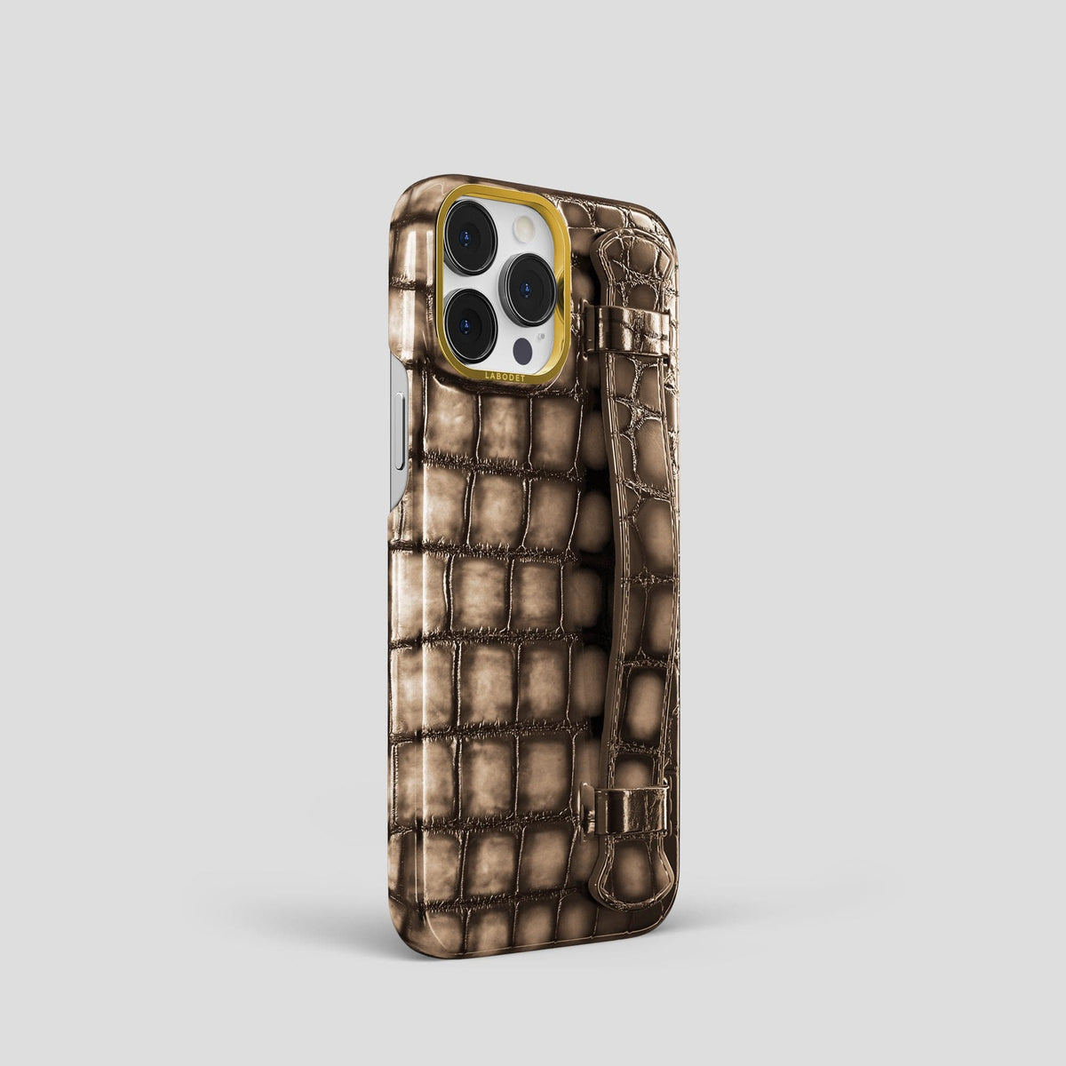 Etoupe iPhone 14 Pro Strap Case Patina Alligator with Gold Metal -2 | Etoupe-Gold