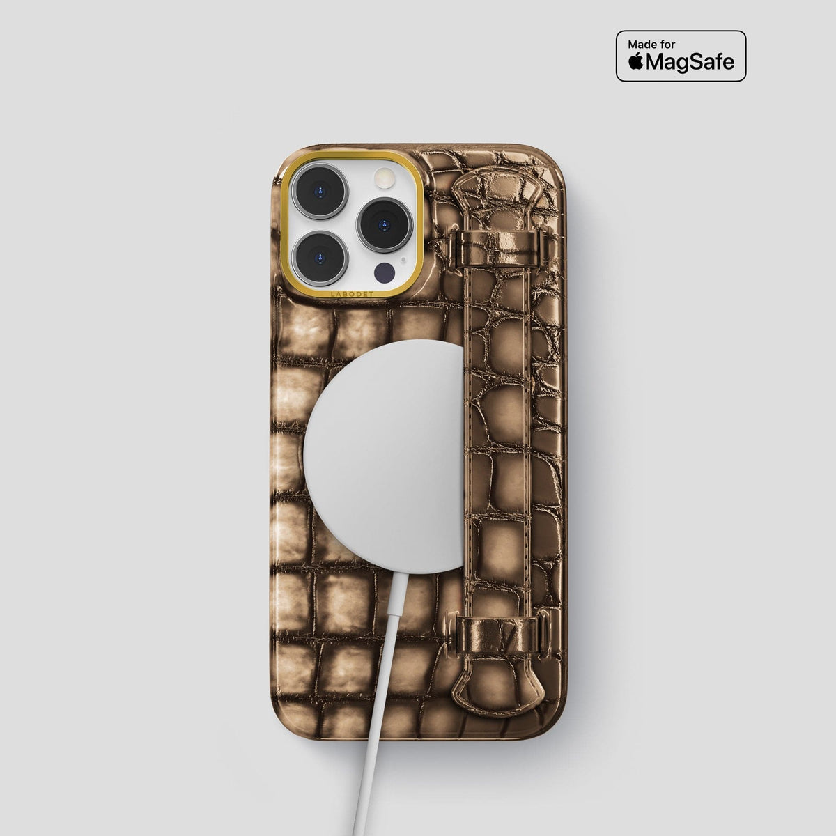 Etoupe iPhone 14 Pro Strap Case Patina Alligator with Gold Metal -5 | Etoupe-Gold