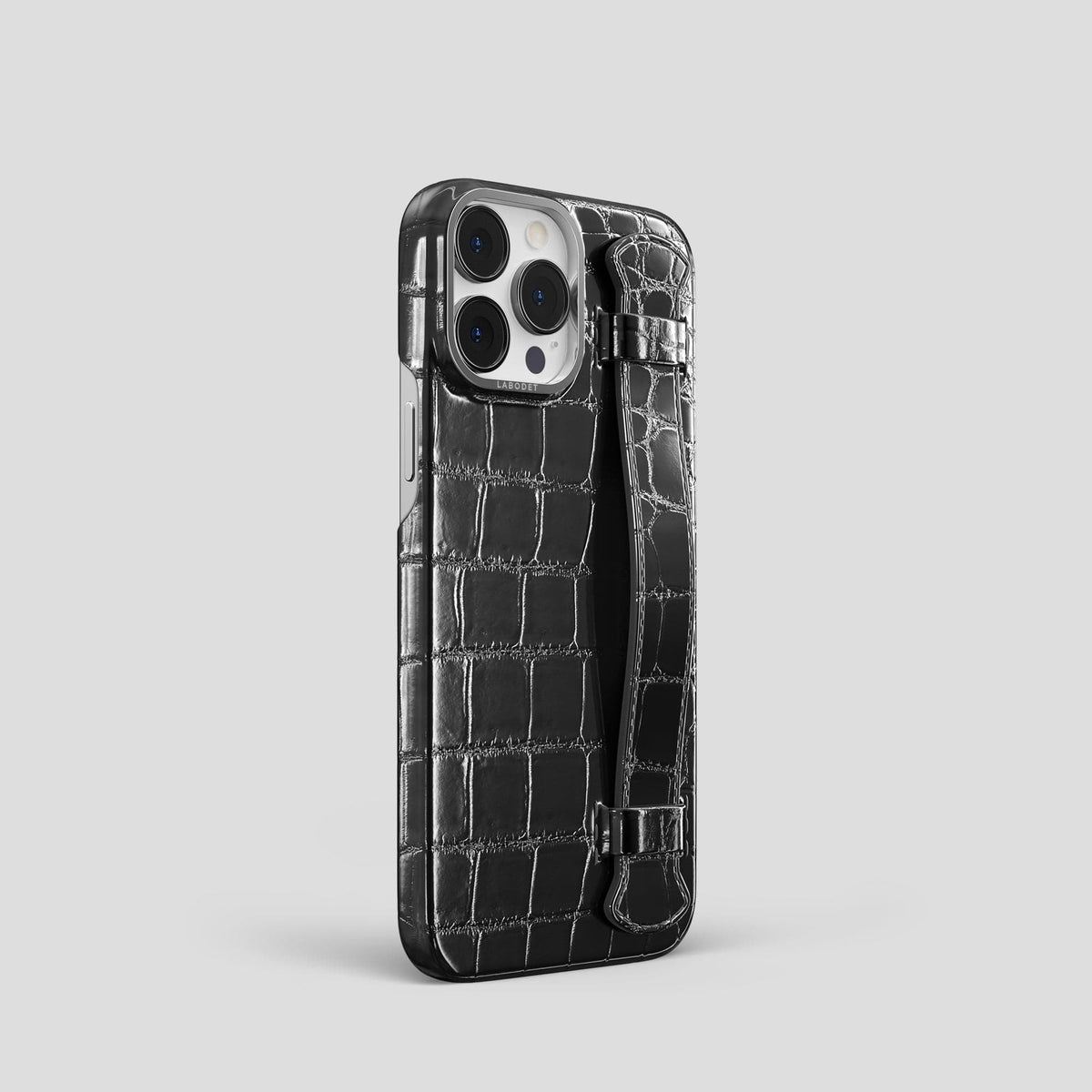 Havana-Black iPhone 14 Pro Strap Case Patina Alligator with Steel Metal -2 | Havana-Black-Steel