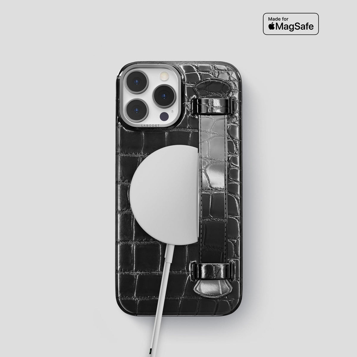 Havana-Black iPhone 14 Pro Strap Case Patina Alligator with Steel Metal -5 | Havana-Black-Steel
