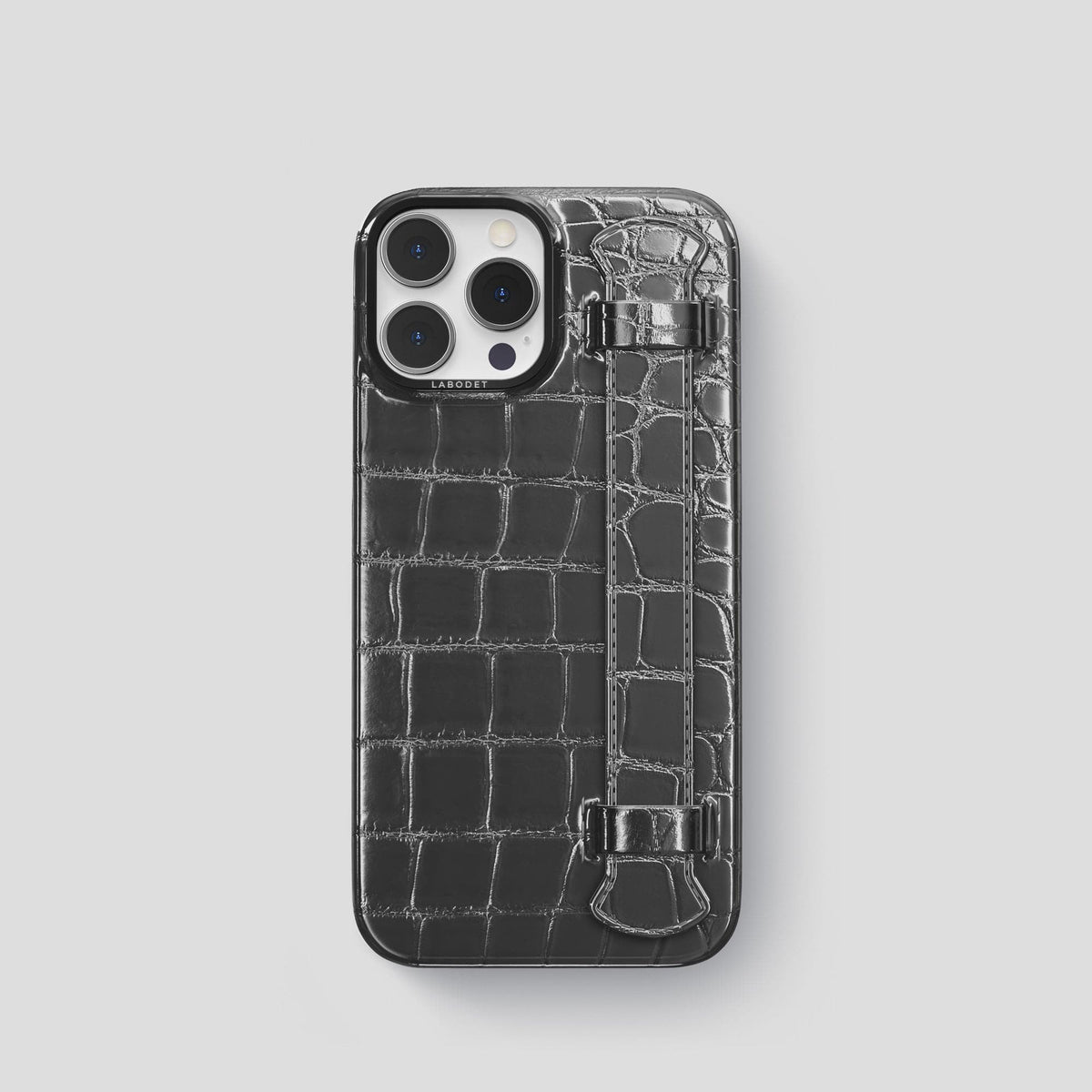 Grey iPhone 14 Pro Strap Case Patina Alligator with Black Metal -1 | Grey-Black