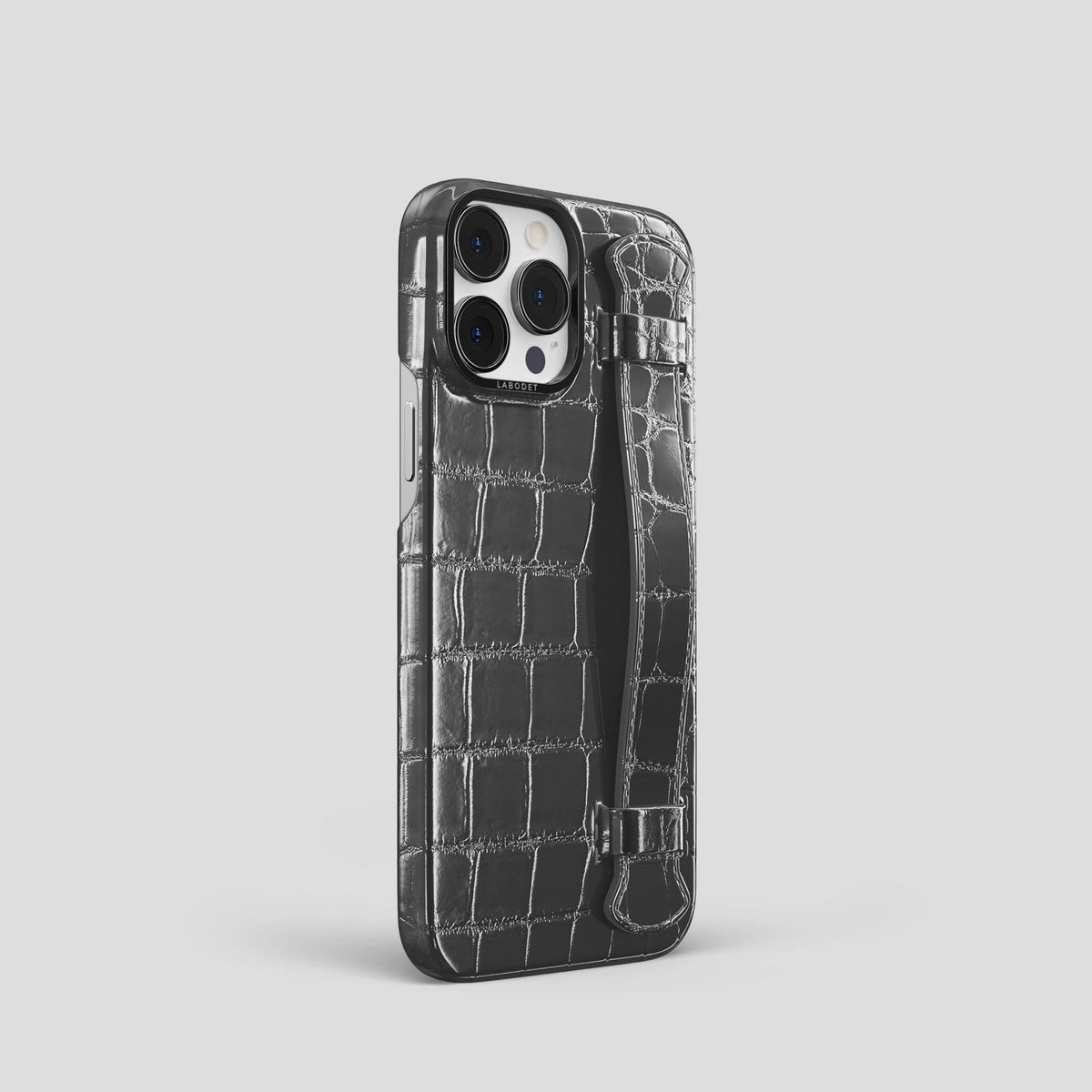 Grey iPhone 14 Pro Strap Case Patina Alligator with Black Metal -2 | Grey-Black