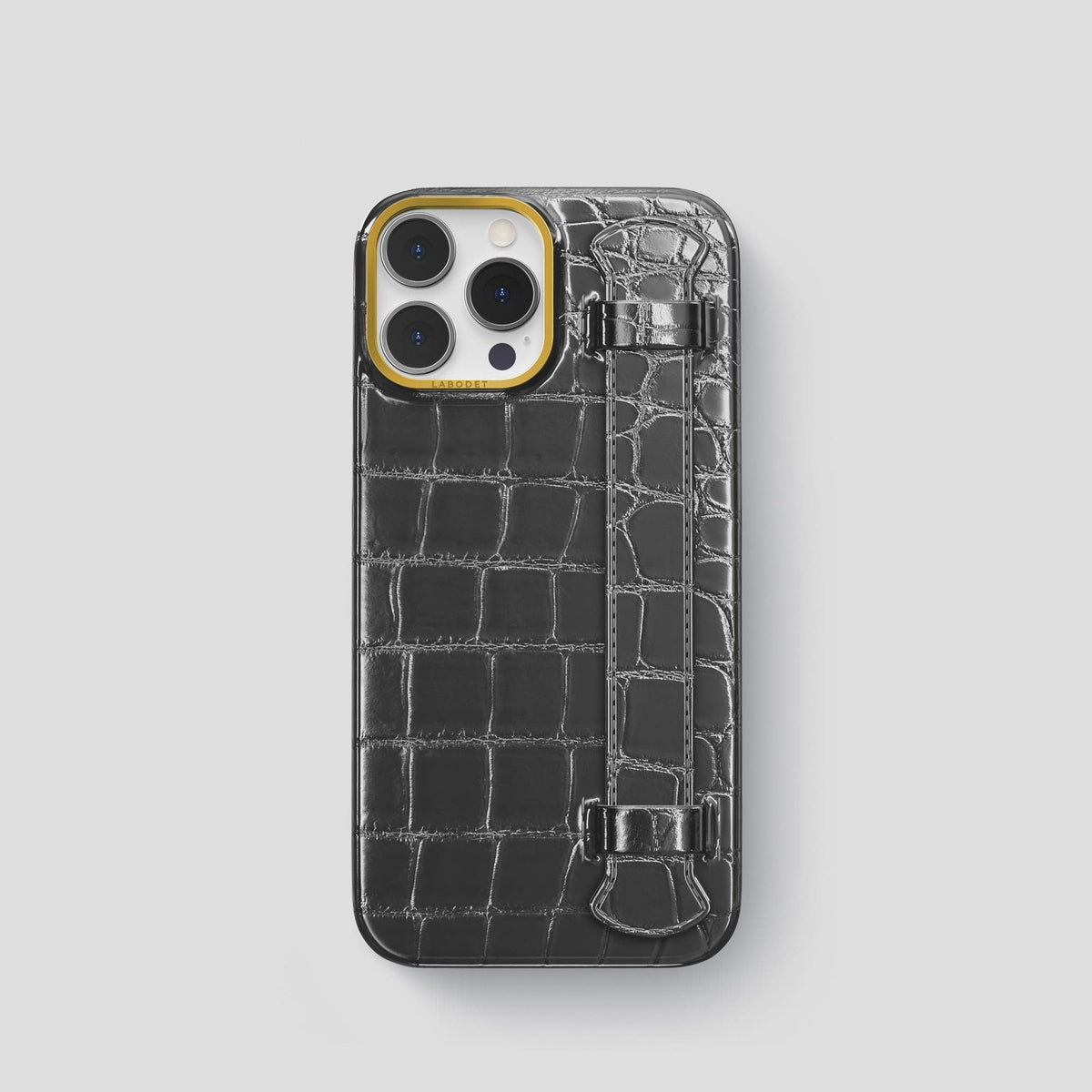 Grey iPhone 14 Pro Strap Case Patina Alligator with Gold Metal -1 | Grey-Gold