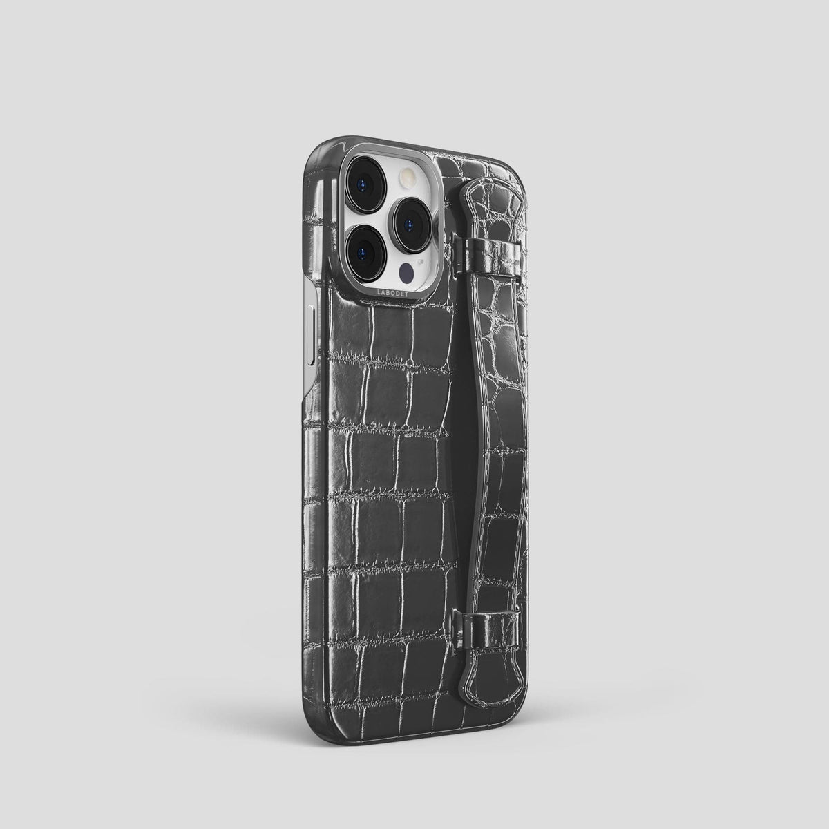 Grey iPhone 14 Pro Strap Case Patina Alligator with Steel Metal -2 | Grey-Steel