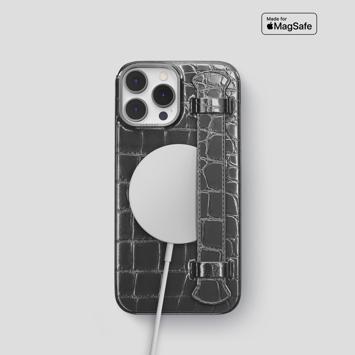Grey iPhone 14 Pro Strap Case Patina Alligator with Steel Metal -5 | Grey-Steel