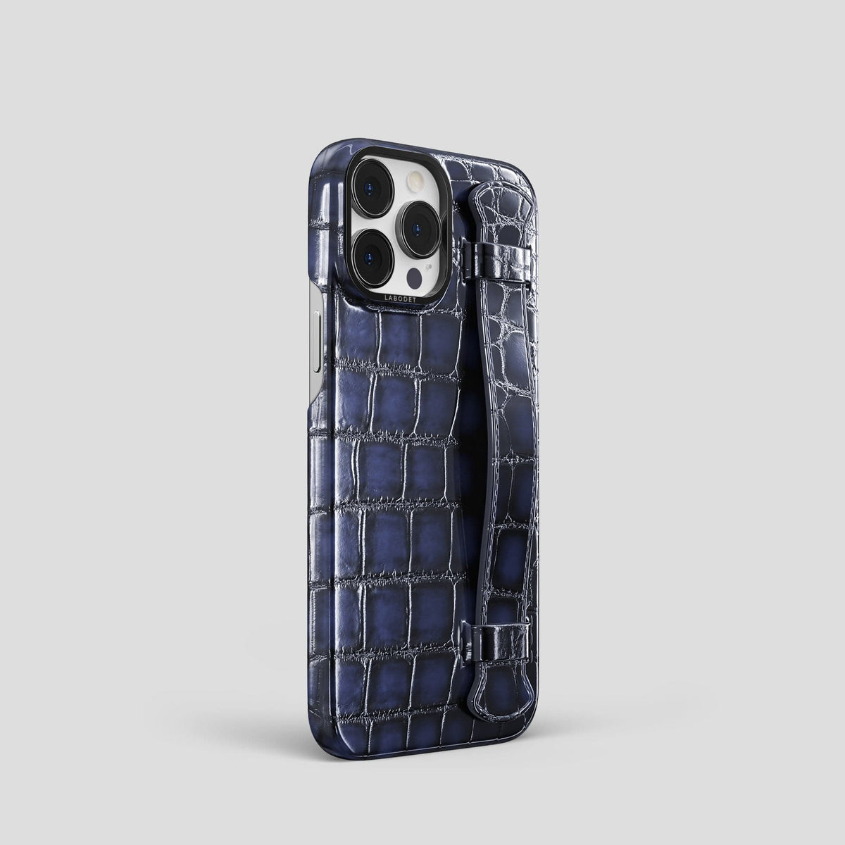 Havana-Blue iPhone 14 Pro Strap Case Patina Alligator with Black Metal -2 | Havana-Blue-Black