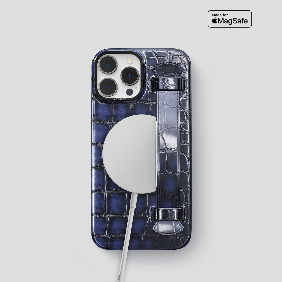 Havana-Blue iPhone 14 Pro Strap Case Patina Alligator with Black Metal -5 | Havana-Blue-Black