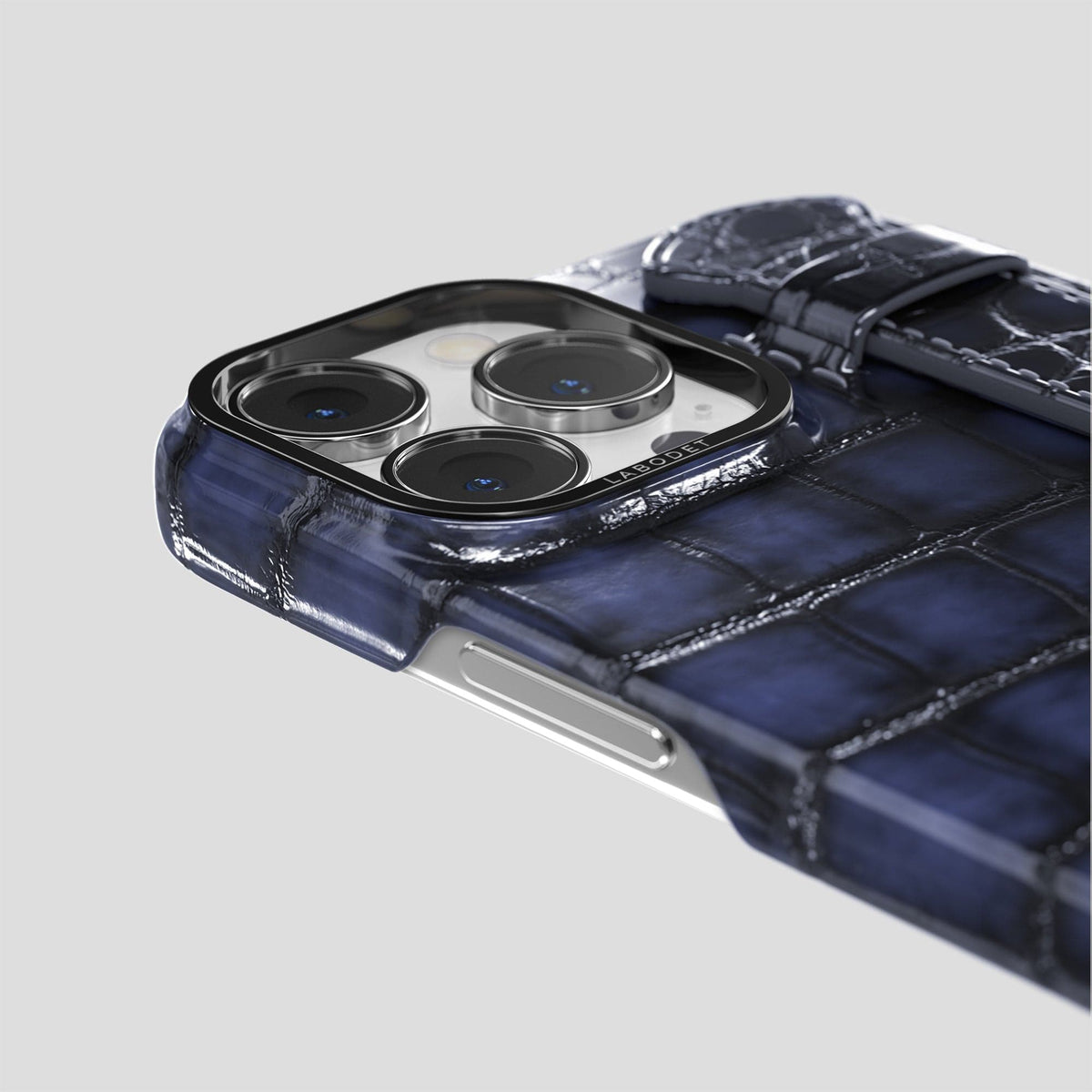 Havana-Blue iPhone 14 Pro Strap Case Patina Alligator with Black Metal -6 | Havana-Blue-Black