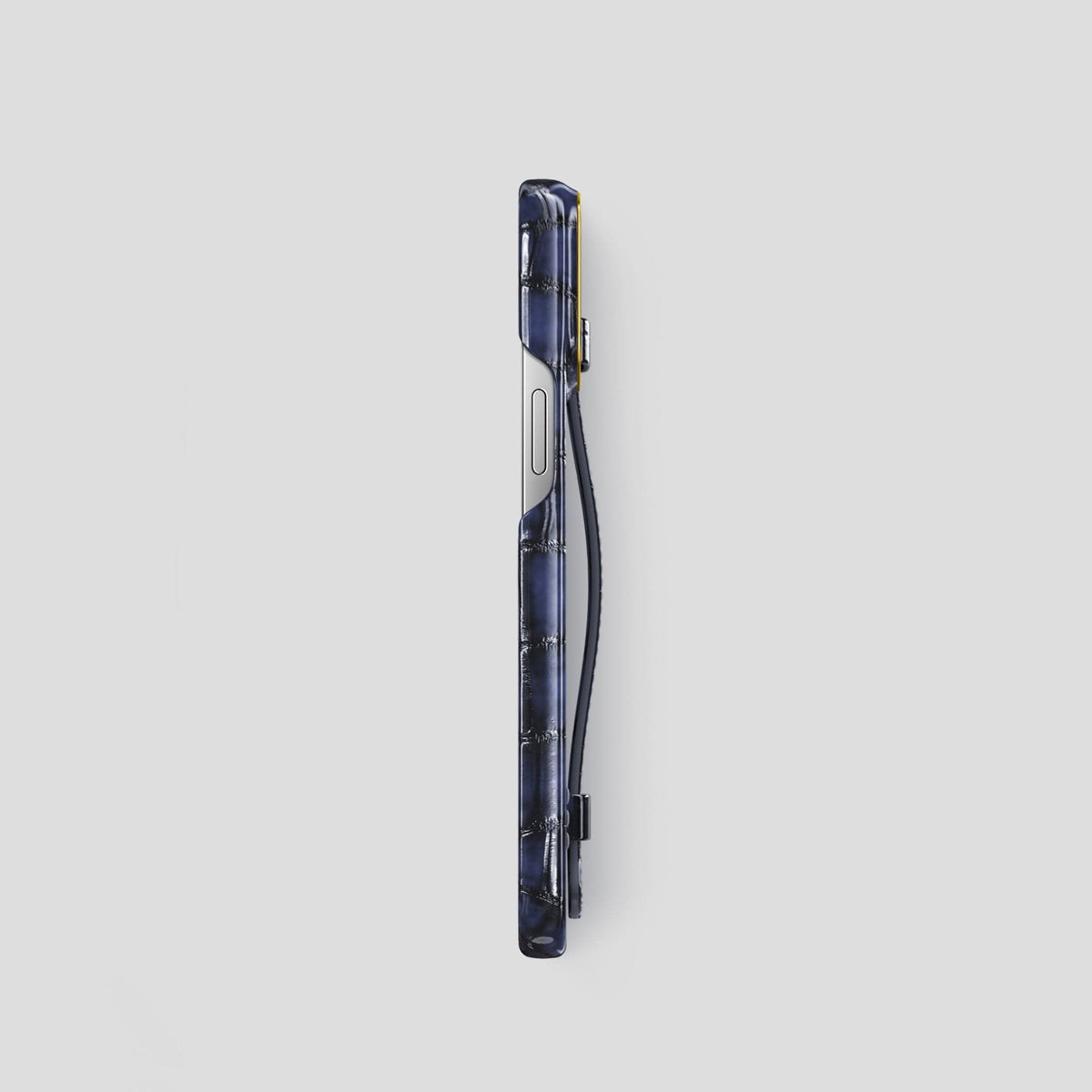 Havana-Blue iPhone 14 Pro Strap Case Patina Alligator with Gold Metal -3 | Havana-Blue-Gold