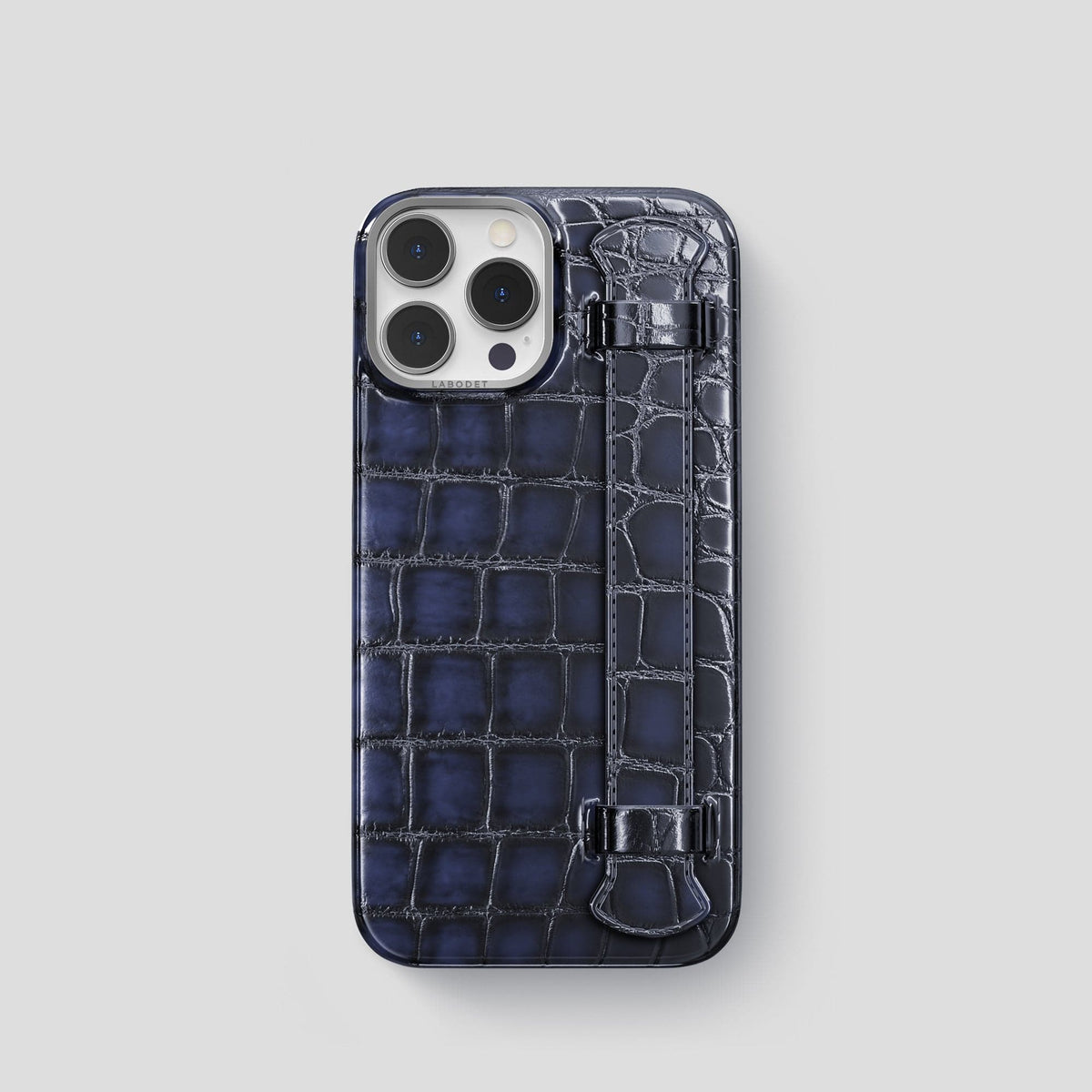 Havana-Blue iPhone 14 Pro Strap Case Patina Alligator with Steel Metal -1 | Havana-Blue-Steel